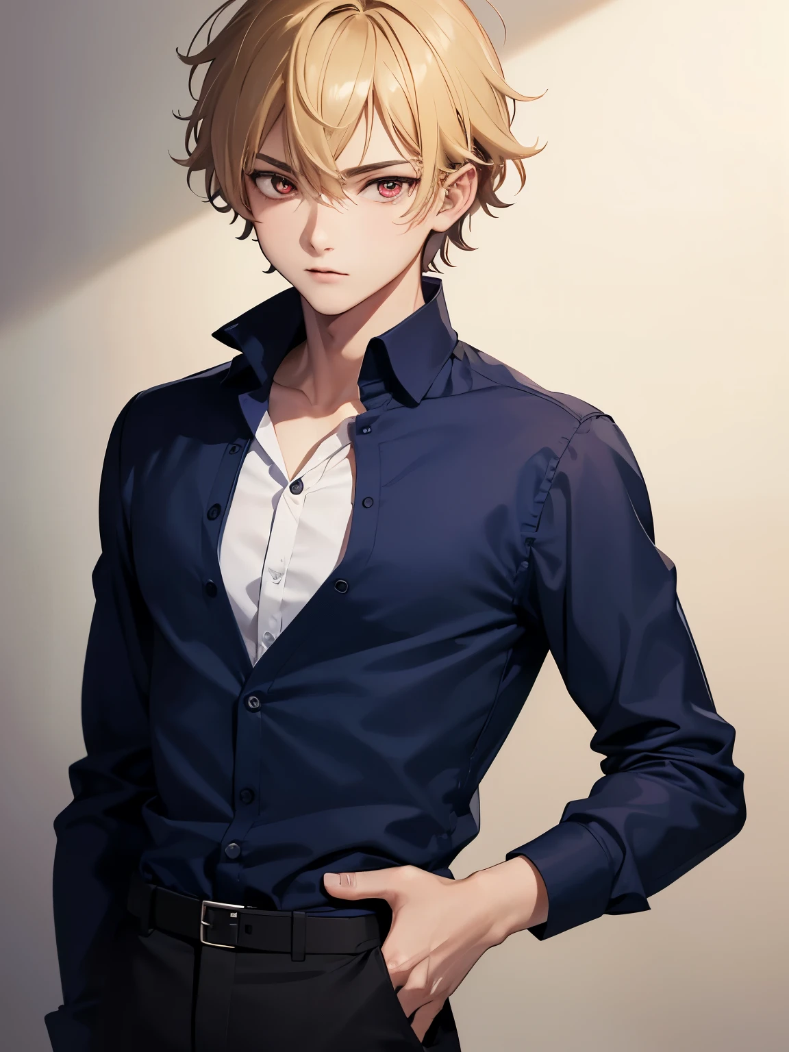 1boy,handsome,15 years old,standing,half body photo,Perfect face, HD face, ultra detailed face, short hair, blonde hair, messy hair, bright red eyes, vampire, Dark blue shirt,Long-sleeved shirt,Shirt buttons half open, black trousers,ultra detailed, ultra HD