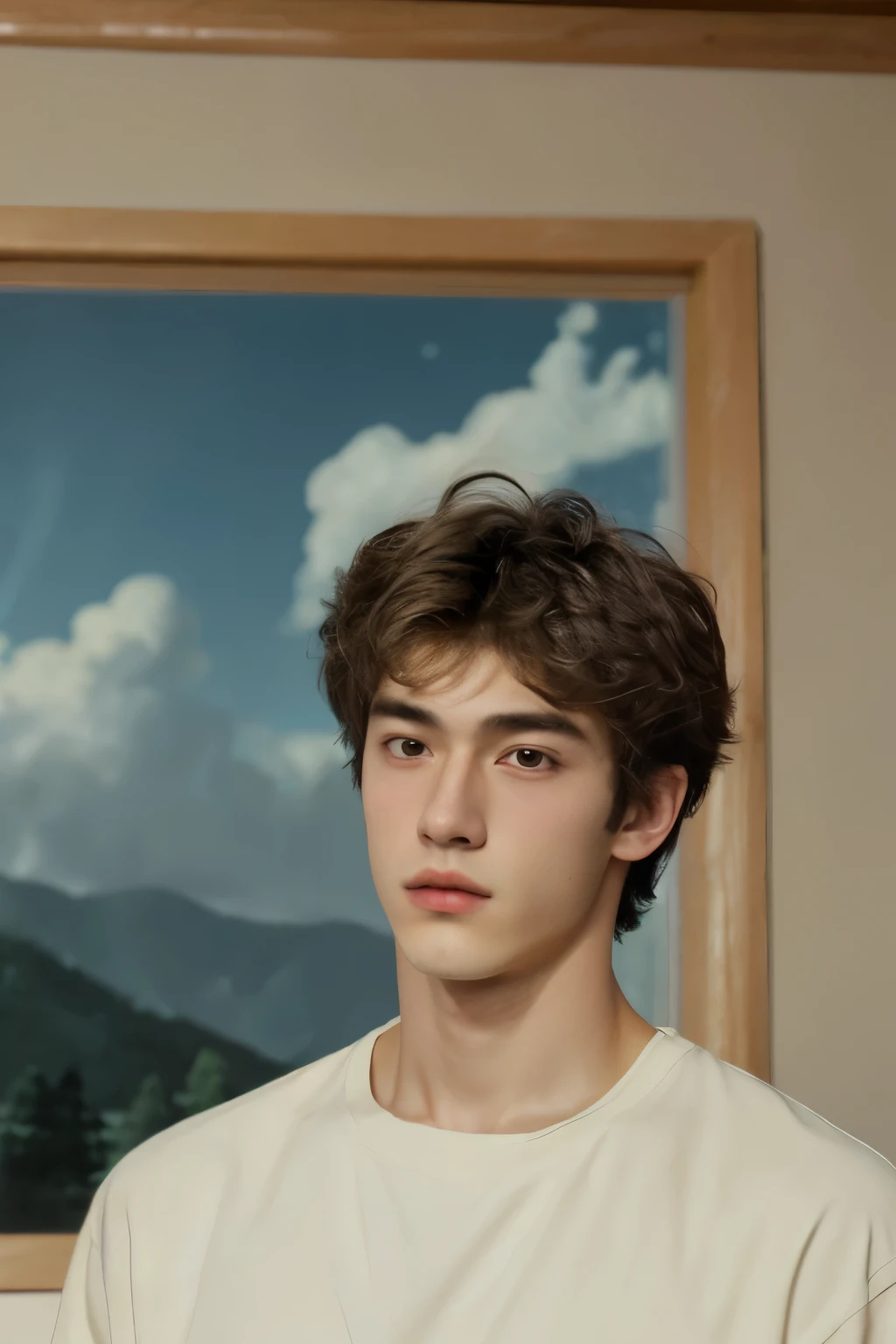 (absurdres, highres, ultra detailed, HDR), masterpiece, best quality, solo focus, , handsome, perfect face, short hair inside a ghibli style room background