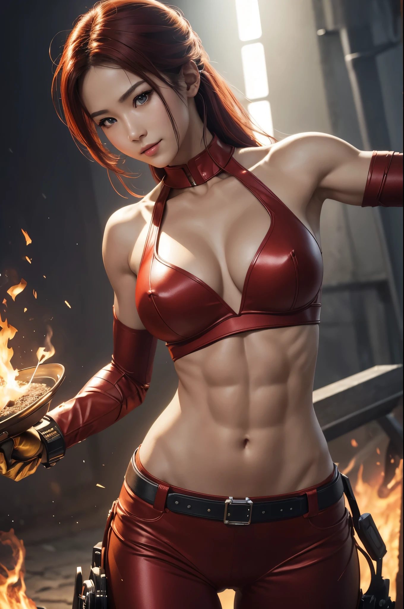8K,Flame Lady Paladin,Super Beauty(Like the real thing),Red and orange mohawk,Red Eyes,Red Flame Chest Armor,Red flame pants,Red Flame Gauntlet,lean muscular body,Hard and strong abs,Fantasy art、charm、Looking at the audience、Captivating Gaze、masterpiece,masterpiece,highest qualityのフォトリアリスティックなRAW写真。Bright colors,Rich colors, Backlight, Film Grain, 50mm lens, Nikon D850,Realistic Skin,Ultra-high resolution,Realistic scale skins,Muscular and slender figure,Very detailedなアート作品、 Detailed digital animation art、 ArtStation Pixiv の Artgerm、Dynamic Angle,Ultra-high resolution,Like the real thing見える肌,charm的,Active,Super Beauty,(Like the real thing),DeviantArt Artstation CGScosiety, 3D Rendering Character Art, 写真のようにリアルなPerfect body, sexy,Muscular and slim body,Muscular and toned lower body,close,masterpiece,highest qualityの写実的ななRAW写真。Bright colors,Rich colors, Backlight, Film Grain, 50mm lens, Nikon D850,,(8k,写実的なhighest quality;1.4) ,Slim figure, Perfect body, There is cleavage in the chest, Very thin hair, Pleasure Gas, Glossy Lips, 超Realistic,Cinematic, (Excellent anatomy), (Good balance), Awards, masterpiece, Centered,charm,Volume measurement,Body balance,Ultra-high resolution,Ultra-Realistic Skin,Digital single-lens reflex camera, Soft lighting, Very detailedスキン, Very detailed顔, Very detailed目, lip, Detailed Background, Written boundary depth, Excellent anatomy, (Realistic, 超Realistic:1.4), 16K HDR, The abdominal muscles are intense and defined,Very detailed、masterpiece、highest quality、Dynamic Angle、Film Grain、Best Shadow、delicate、Particles of light、Observe the audience、Cinema Lighting、battlefield,smile,Close-up,Combat pose,
