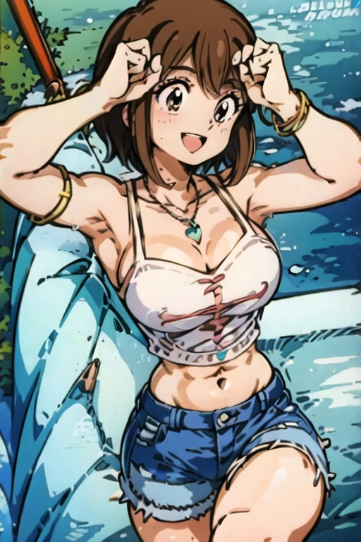 slim young woman, hiyama Hikaru, handbra, grabbing breast, leaning forward, black tshirt and denim shorts, black tshirt, sfw, covered breast, low rise shorts, wide thigh gap, slim thighs, beautiful face, sensual lips, sea background, high quality image, sharp focus,