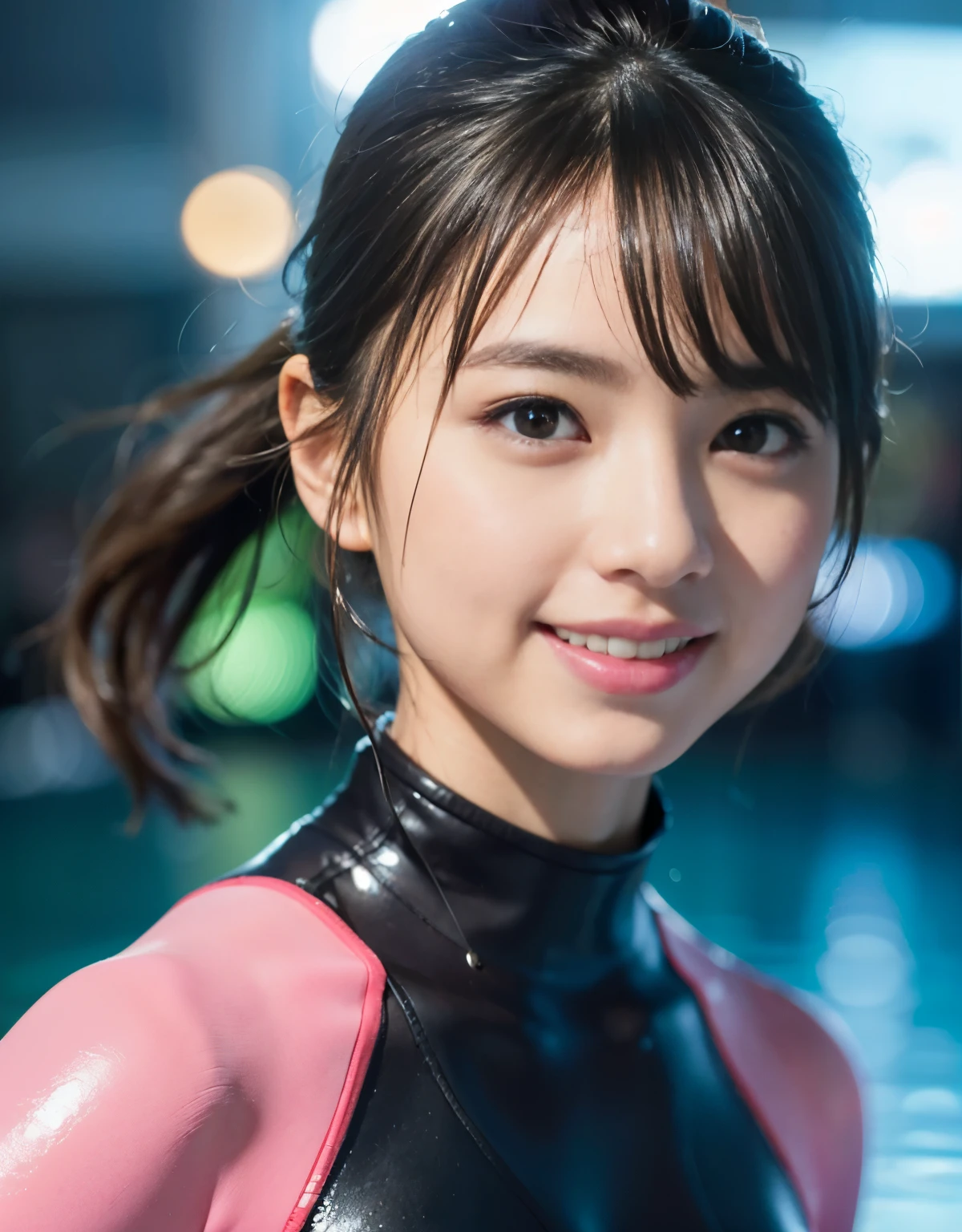 (1 girl)、highest quality、masterpiece、超A high resolution、(Photorealistic:1.4)、RAW Photos、1 girl、Wet Hair、Sweat、(Wearing a skin-tight pink wetsuit made from ultra-shiny rubber)、female scuba diver、Long sleeve、Rubber Diving Gloves、Portraiture、Close-up、Shadow、Octane Rendering、8k、Ultra Sharp、Metal、Intricate decorative details、Details on board、Very intricate detail、Realistic Light、(smile)、Shining Eyes、To the camera、Small LED