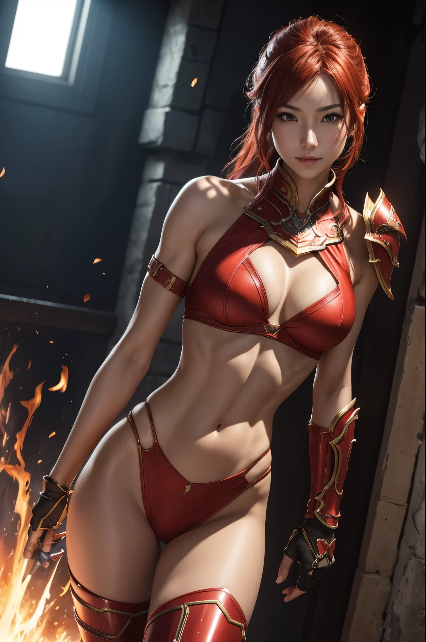 8K,Flame Lady Paladin,Super Beauty(Like the real thing),Red and orange mohawk,Red Eyes,Red Flame Chest Armor,Red flame pants,Red Flame Gauntlet,lean muscular body,Hard and strong abs,Fantasy art、charm、Looking at the audience、Captivating Gaze、masterpiece,masterpiece,highest qualityのフォトリアリスティックなRAW写真。Bright colors,Rich colors, Backlight, Film Grain, 50mm lens, Nikon D850,Realistic Skin,Ultra-high resolution,Realistic scale skins,Muscular and slender figure,Very detailedなアート作品、 Detailed digital animation art、 ArtStation Pixiv の Artgerm、Dynamic Angle,Ultra-high resolution,Like the real thing見える肌,charm的,Active,Super Beauty,(Like the real thing),DeviantArt Artstation CGScosiety, 3D Rendering Character Art, 写真のようにリアルなPerfect body, sexy,Muscular and slim body,Muscular and toned lower body,close,masterpiece,highest qualityの写実的ななRAW写真。Bright colors,Rich colors, Backlight, Film Grain, 50mm lens, Nikon D850,,(8k,写実的なhighest quality;1.4) ,Slim figure, Perfect body, There is cleavage in the chest, Very thin hair, Pleasure Gas, Glossy Lips, 超Realistic,Cinematic, (Excellent anatomy), (Good balance), Awards, masterpiece, Centered,charm,Volume measurement,Body balance,Ultra-high resolution,Ultra-Realistic Skin,Digital single-lens reflex camera, Soft lighting, Very detailedスキン, Very detailed顔, Very detailed目, lip, Detailed Background, Written boundary depth, Excellent anatomy, (Realistic, 超Realistic:1.4), 16K HDR, The abdominal muscles are intense and defined,Very detailed、masterpiece、highest quality、Dynamic Angle、Film Grain、Best Shadow、delicate、Particles of light、Observe the audience、Cinema Lighting、battlefield,smile,Close-up,Combat pose,