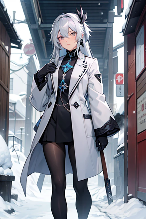 White eyes, Dark silver medium length hair、A little light blue pastel color, Velvet clothes, Overcoat, young, tights, Russia, Genshin Impact, Ice Vision, catalyst, Cold Stare, snow, Alcon, Sexy Woman, mama's atmosphere, 27 years old, amazing, With the power of a large ice sword, fool, background with snow