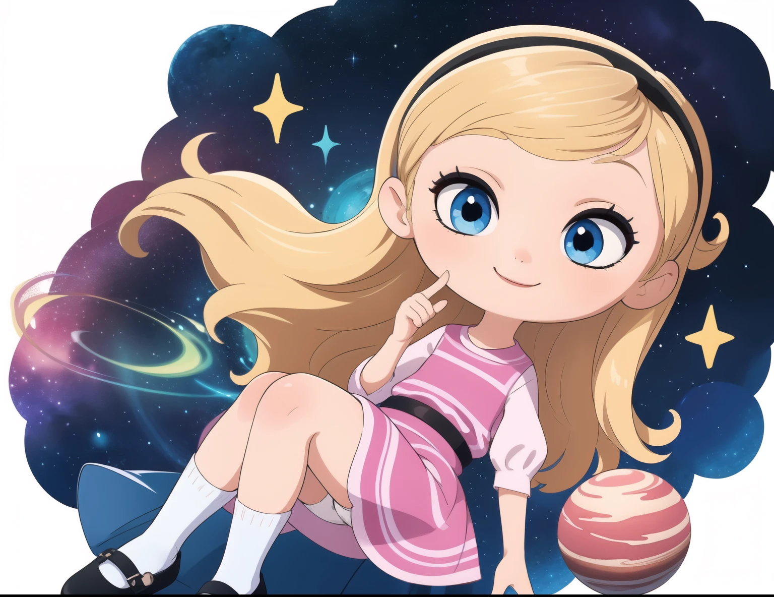 (masterpiece, best quality:1.2), 1girl, solo, penny peterson, best quality,detailed eyes,((penny peterson)), ((pink dress)), puffy sleeves, blue eyes, long blonde flowing hair, blonde hair, hairband, white tube socks, mary janes, smile, cute smile, happy, ,joyful, flying, her skirt is floating, upskirt, white panties, colorful background, watercolor illustration, disney art style, glowing lights, neon, neon lights, galaxies, planets, stars, cute illustration, cute art, cute digital art, disney style, anime, 2d, cozy calm, cute detailed digital art, rainbows,