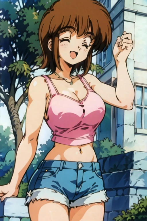 (masterpiece, 8K Anime, High resolution, Anime Gloss, retro art style, Clean brush strokes, very detailed, perfect anatomy, NSFW), mizukito, 1 girl, alone, (tan:0.8), earrings, orange hoodie, Unzip your hoodie, No sleeve, side boob, Super denim shorts, belt, smile, blush, 
