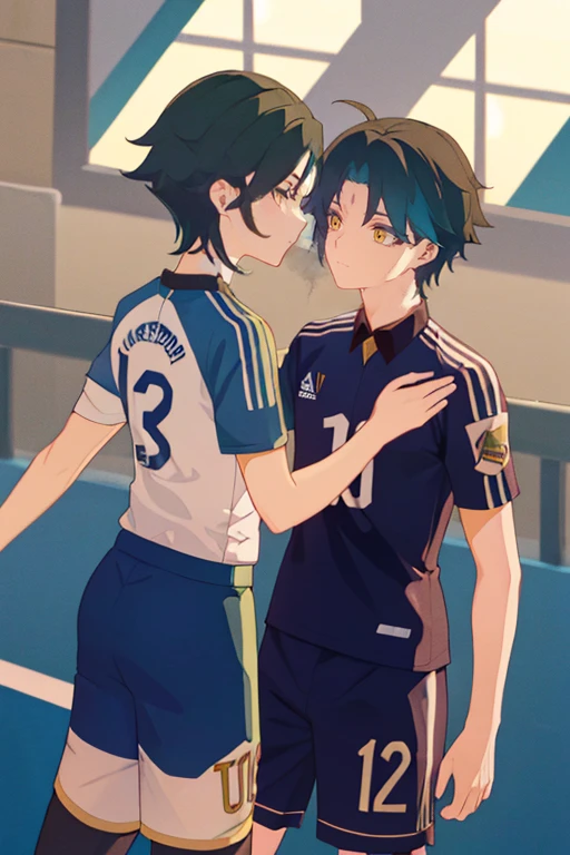 2 boys,dark green hair,highest quality,masterpiece,excessive,male focus,yellow eyes,beautiful eyes,beautiful boy,School,between men,Spouse,soccer club members,Blue soccer uniform,soccer,high school,soccer uniform,blue clothes,soccer court,teammate,same clothes,shoulder to shoulder,feminine,good friend,best image quality,