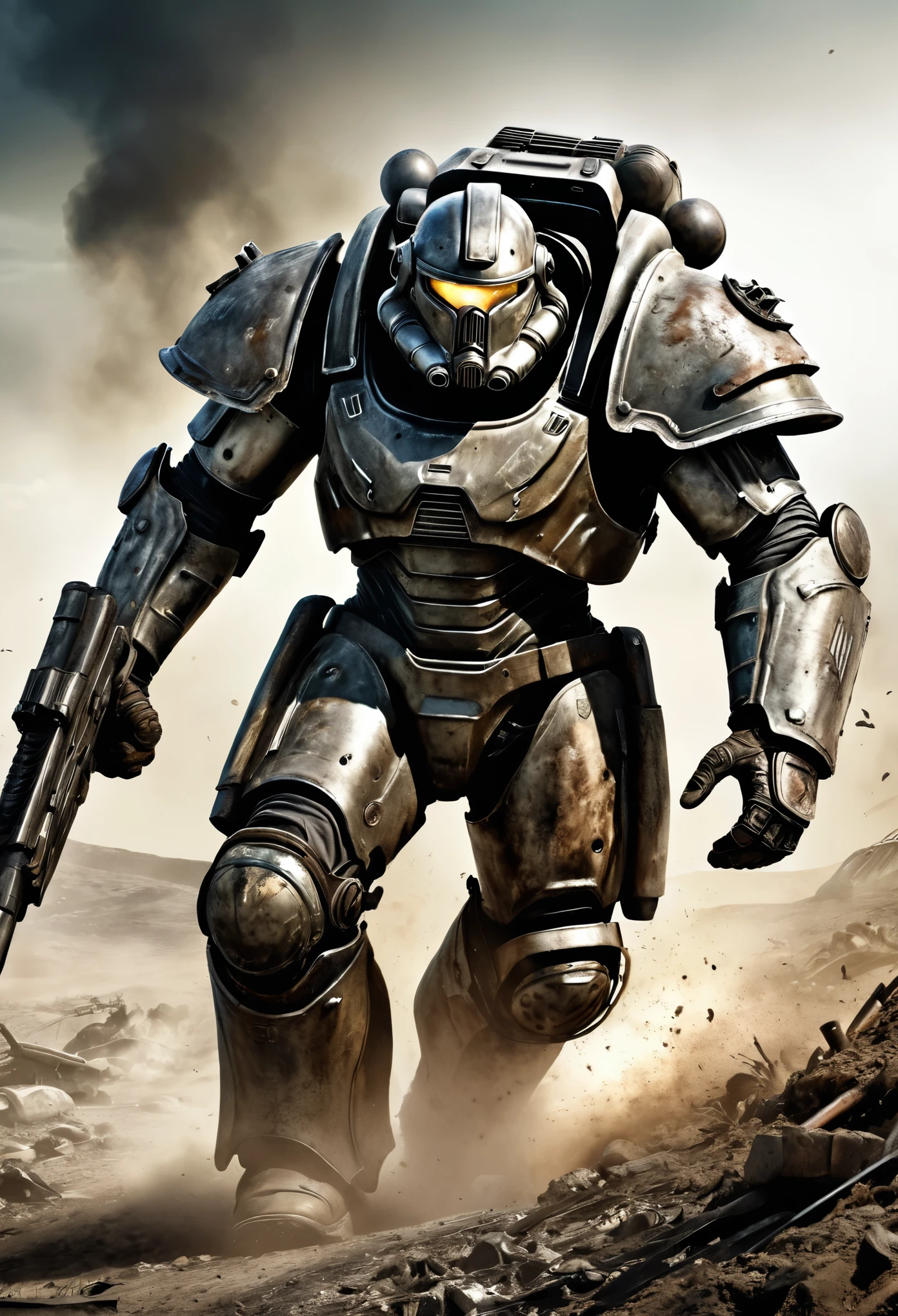 Warercolor hand drawing, vector graphics design, (best quality, masterpiece:1.2), side view, a warrior of "Brotherhood of Steel", wearing power armor, looks dangerous, brutally look, running through the wasteland, noire, postapocalyptic Fallout style, simple lines, looking to camera, (natural textures, hyperrealism, soft light, lucid colours, sharp:1.2), (intricate details:1.1), hdr, bokeh