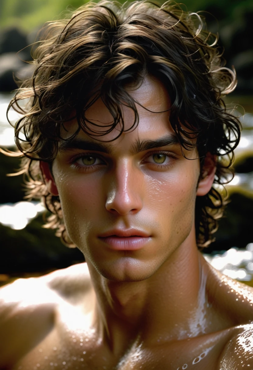 (highly detailed, detailed skin, detailed face, soft light, photorealistic, dynamic light; cinematic); victorian era; 1820s; 26 years old man; Spanish-English mix; 1820s Anglican priest; incredibly attractive; dark and brooding; masculine yet beautiful; hazel-green eyes; helpless longing stare; sexually-charged atmosphere; Adonis; moody; intense; Spanish nose; sensual; amorous air; very attractive; toned figure; olive skin, flushed in excitement; stubble; hazel-green eyes; thick strong dark-brown eyebrows; long full sideburns; fully naked toned chest with dark body-hair; dark chest-hair; short tousled dark-brown wavy hair; full luscious moist lips, parted; mouth slightly open; lounging in a cold Canadian river in an erotic pose, playfully asking for sex; hazel-green eyes; looking at camera; 24 years old man;