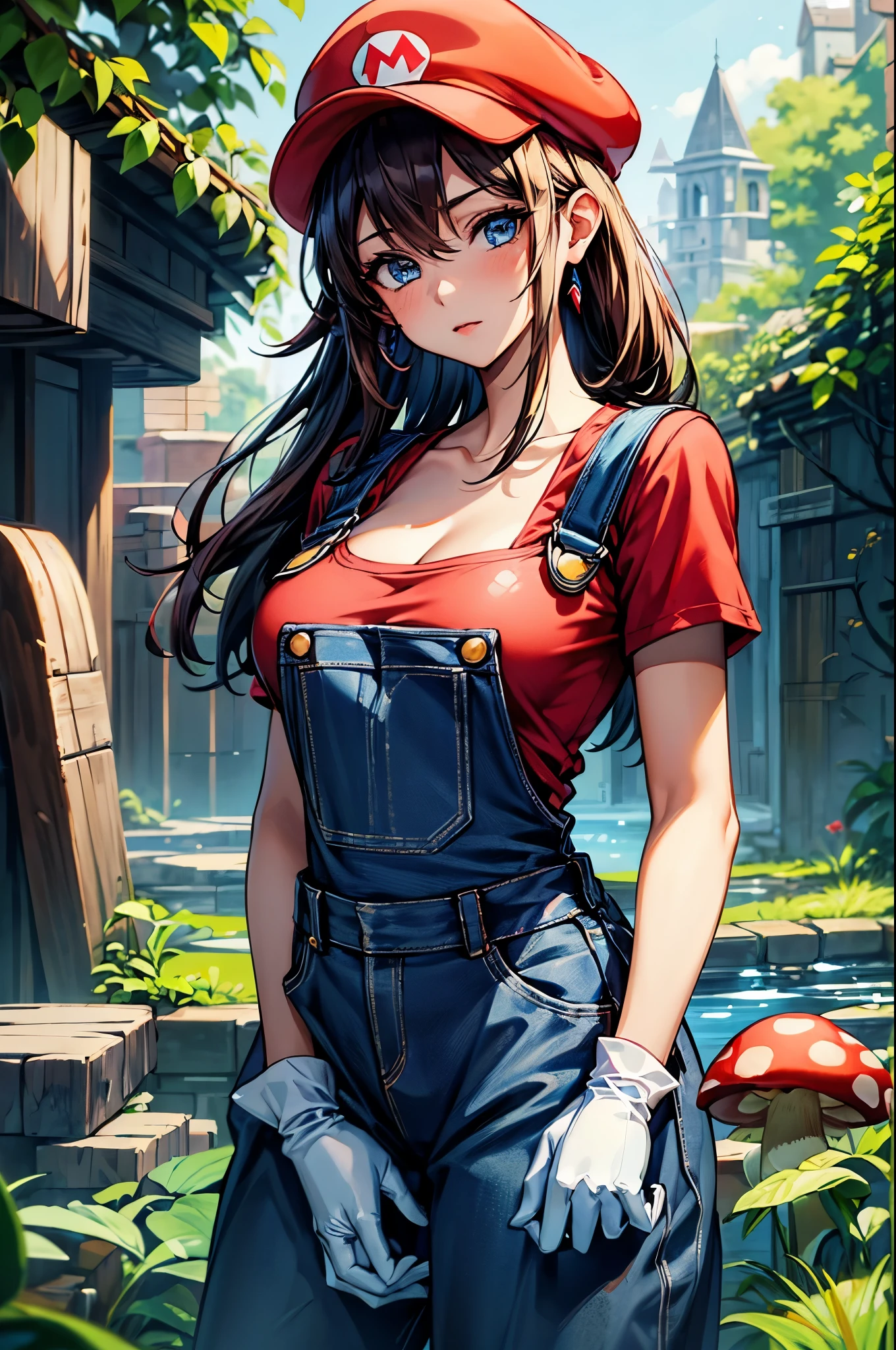 (masterpiece, best quality:1.2), expressive eyes, perfect face, highres, 1girl, solo, (female:1.5), supermario, blue overalls, red shirt, red cap, (white gloves:1.1), blue eyes, landscape, hold a mushroom, standing, upper body portrait, looking at the viewer