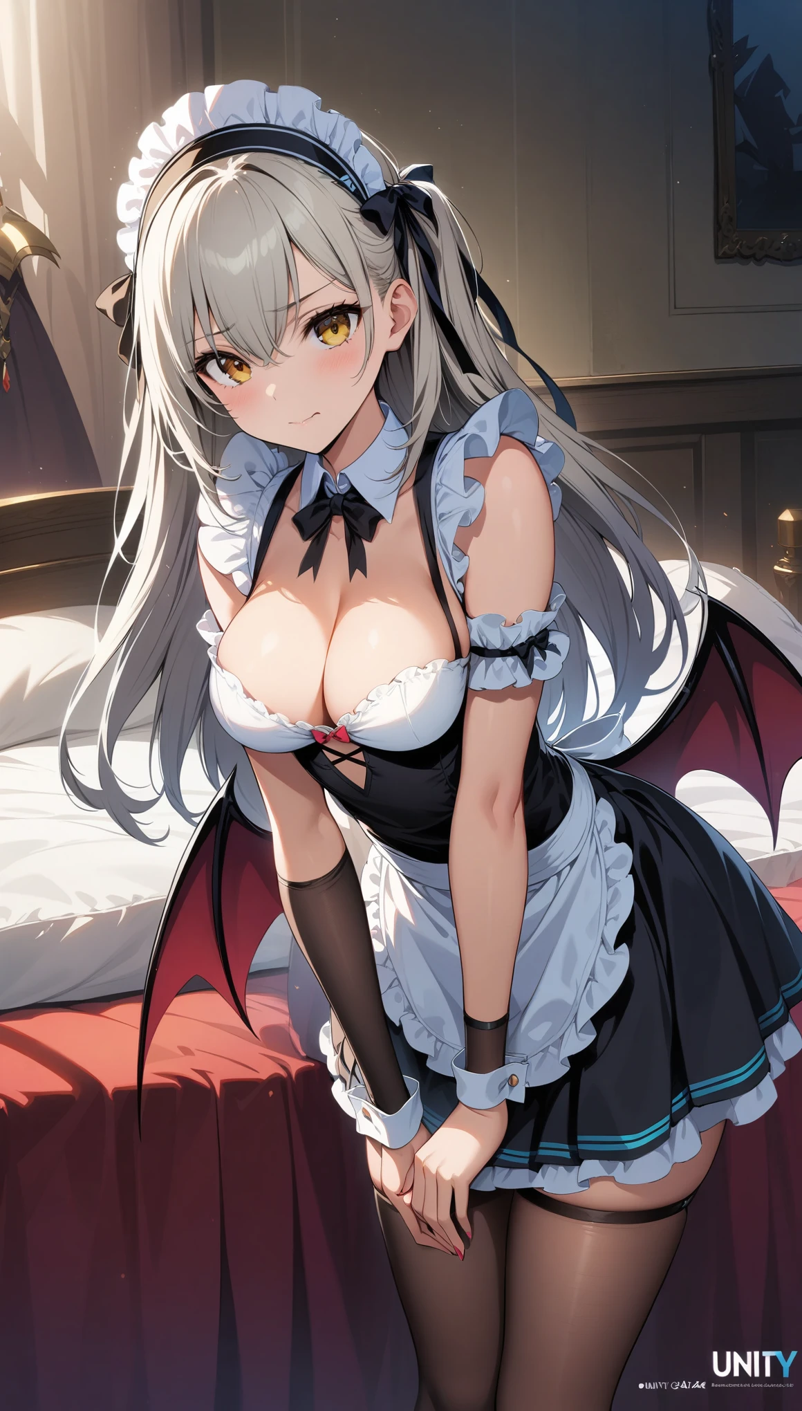 32k, best quality, ultra high res, HDR, UHD, extremely detailed CG, unity 32k wallpaper, bedroom background, (cute succubus), (((maid))), (1gal),