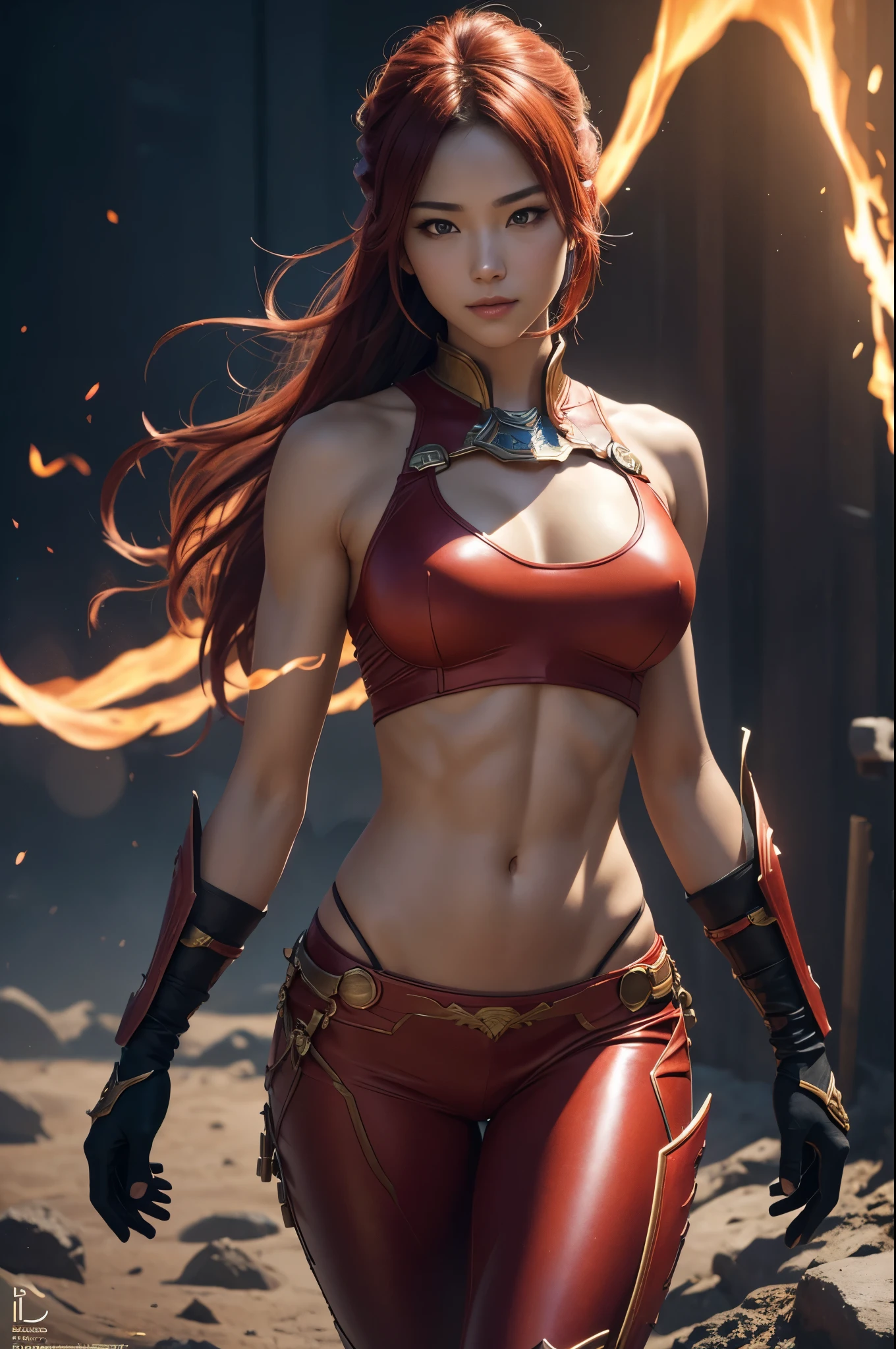 8K,Flame Lady Paladin,Super Beauty(Like the real thing),Red and orange mohawk,Red Eyes,Red Flame Chest Armor,Red flame pants,Red Flame Gauntlet,lean muscular body,Hard and strong abs,Fantasy art、charm、Looking at the audience、Captivating Gaze、masterpiece,masterpiece,highest qualityのフォトリアリスティックなRAW写真。Bright colors,Rich colors, Backlight, Film Grain, 50mm lens, Nikon D850,Realistic Skin,Ultra-high resolution,Realistic scale skins,Muscular and slender figure,Very detailedなアート作品、 Detailed digital animation art、 ArtStation Pixiv の Artgerm、Dynamic Angle,Ultra-high resolution,Like the real thing見える肌,charm的,Active,Super Beauty,(Like the real thing),DeviantArt Artstation CGScosiety, 3D Rendering Character Art, 写真のようにリアルなPerfect body, sexy,Muscular and slim body,Muscular and toned lower body,close,masterpiece,highest qualityの写実的ななRAW写真。Bright colors,Rich colors, Backlight, Film Grain, 50mm lens, Nikon D850,,(8k,写実的なhighest quality;1.4) ,Slim figure, Perfect body, There is cleavage in the chest, Very thin hair, Pleasure Gas, Glossy Lips, 超Realistic,Cinematic, (Excellent anatomy), (Good balance), Awards, masterpiece, Centered,charm,Volume measurement,Body balance,Ultra-high resolution,Ultra-Realistic Skin,Digital single-lens reflex camera, Soft lighting, Very detailedスキン, Very detailed顔, Very detailed目, lip, Detailed Background, Written boundary depth, Excellent anatomy, (Realistic, 超Realistic:1.4), 16K HDR, The abdominal muscles are intense and defined,Very detailed、masterpiece、highest quality、Dynamic Angle、Film Grain、Best Shadow、delicate、Particles of light、Observe the audience、Cinema Lighting、battlefield,smile,Close-up,Combat pose,Attack posture,