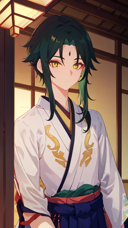 1 boy,dark green hair,highest quality,masterpiece,excessive,male focus,yellow eyes,beautiful eyes,beautiful boy,Family crested Hakama,Japan Kimono,kimono,Hakama,Crisp eyes