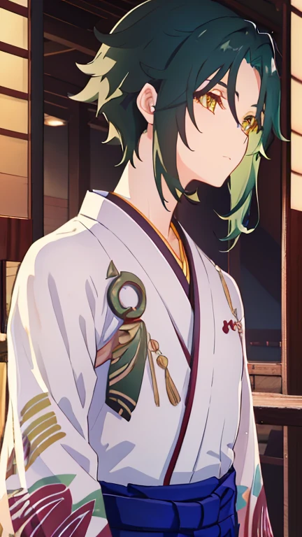 1 boy,dark green hair,highest quality,masterpiece,excessive,male focus,yellow eyes,beautiful eyes,beautiful boy,Family crested Hakama,Japan Kimono,kimono,Hakama,Crisp eyes