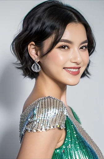 portrait of a glamorous young woman, 27 yo, short black hair, green eyes, stylish asymmetrical hairdo, dressed for a classy event, wearing a silver sequined evening gown, slinky, low-cut, with a string of lustrous grey pearls, grey pearl earrings, seductive look, sly smile, self-assured
