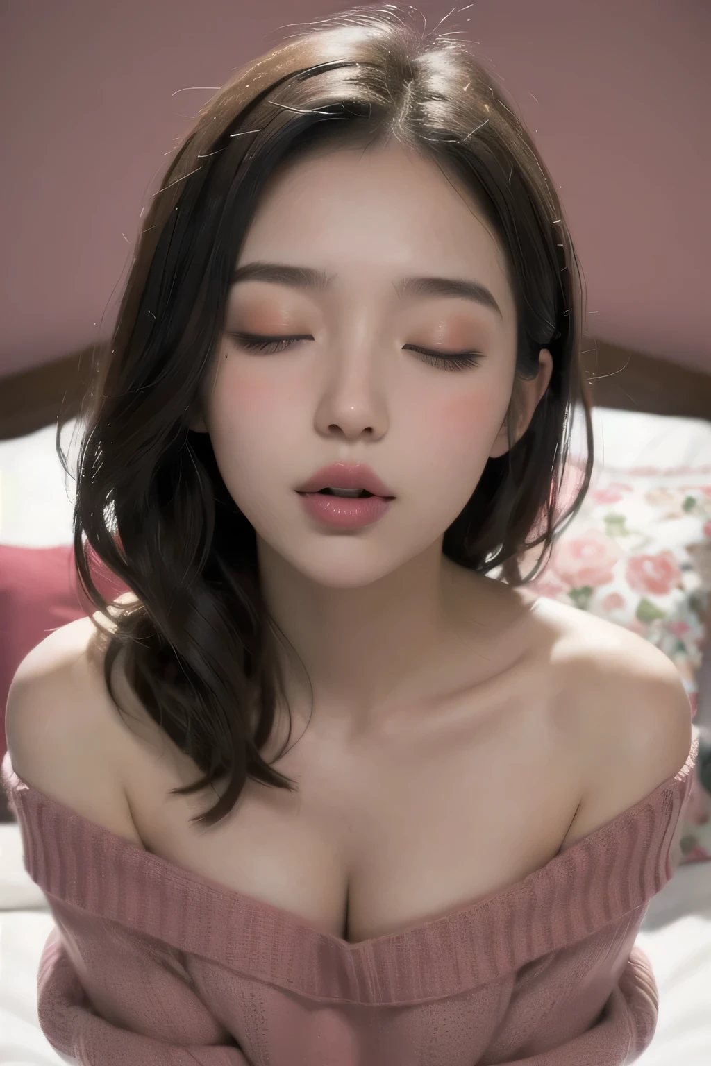 Sexy woman, eyes closed, mouth open, very deep blush, tip of the nose is red, long neck, off shoulder pink sweater, medium chest, visible cleavage, bedroom, warm lighting , lying on bed, head on pillow, facing up 