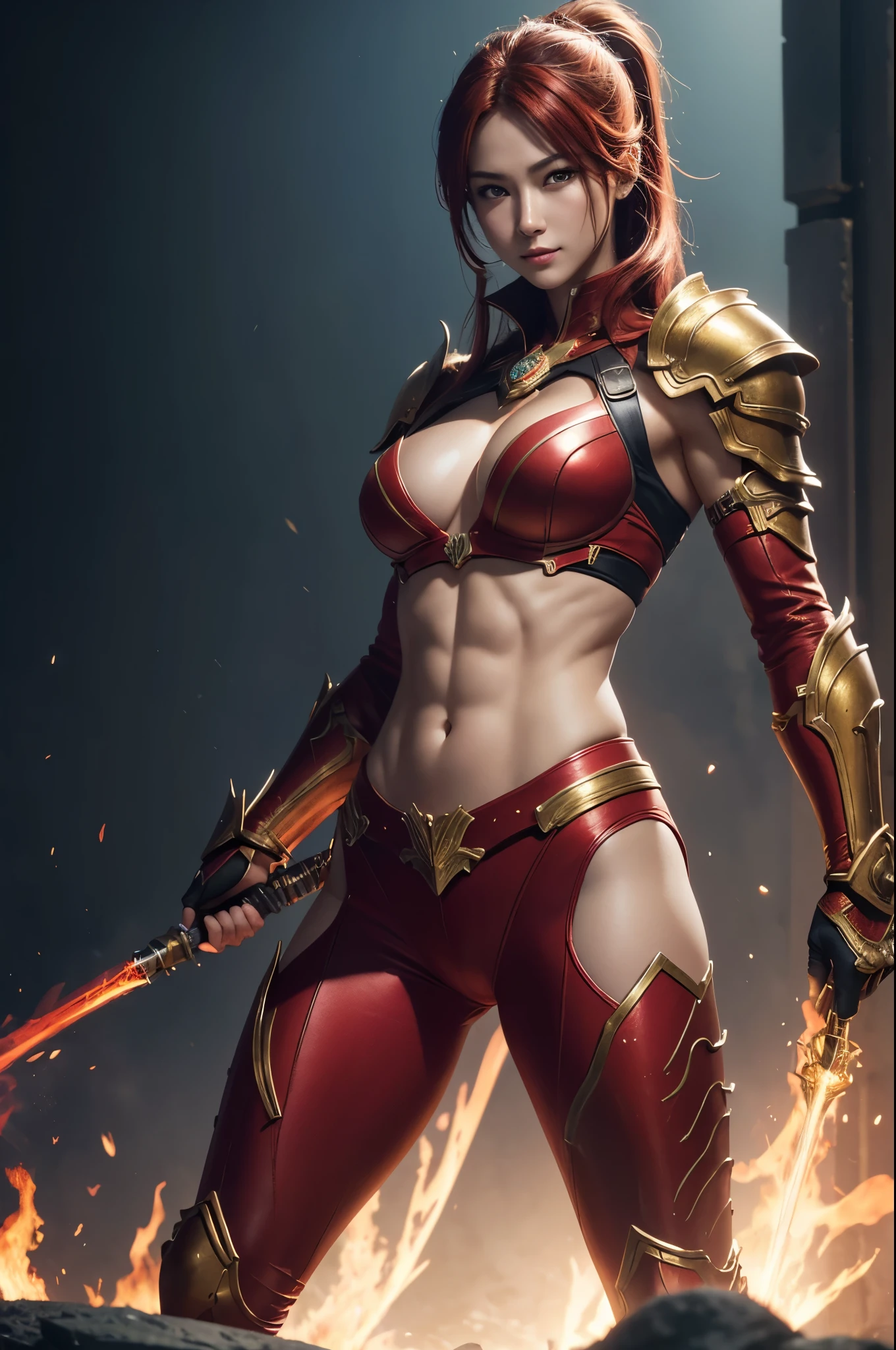 8K,Flame Lady Paladin,Super Beauty(Like the real thing),Red and orange mohawk,Red Eyes,Red Flame Chest Armor,Red flame pants,Red Flame Gauntlet,lean muscular body,Hard and strong abs,Fantasy art、charm、Looking at the audience、Captivating Gaze、masterpiece,masterpiece,highest qualityのフォトリアリスティックなRAW写真。Bright colors,Rich colors, Backlight, Film Grain, 50mm lens, Nikon D850,Realistic Skin,Ultra-high resolution,Realistic scale skins,Muscular and slender figure,Very detailedなアート作品、 Detailed digital animation art、 ArtStation Pixiv の Artgerm、Dynamic Angle,Ultra-high resolution,Like the real thing見える肌,charm的,Active,Super Beauty,(Like the real thing),DeviantArt Artstation CGScosiety, 3D Rendering Character Art, 写真のようにリアルなPerfect body, sexy,Muscular and slim body,Muscular and toned lower body,close,masterpiece,highest qualityの写実的ななRAW写真。Bright colors,Rich colors, Backlight, Film Grain, 50mm lens, Nikon D850,,(8k,写実的なhighest quality;1.4) ,Slim figure, Perfect body, There is cleavage in the chest, Very thin hair, Pleasure Gas, Glossy Lips, 超Realistic,Cinematic, (Excellent anatomy), (Good balance), Awards, masterpiece, Centered,charm,Volume measurement,Body balance,Ultra-high resolution,Ultra-Realistic Skin,Digital single-lens reflex camera, Soft lighting, Very detailedスキン, Very detailed顔, Very detailed目, lip, Detailed Background, Written boundary depth, Excellent anatomy, (Realistic, 超Realistic:1.4), 16K HDR, The abdominal muscles are intense and defined,Very detailed、masterpiece、highest quality、Dynamic Angle、Film Grain、Best Shadow、delicate、Particles of light、Observe the audience、Cinema Lighting、battlefield,smile,Close-up,Combat pose,Attack posture,