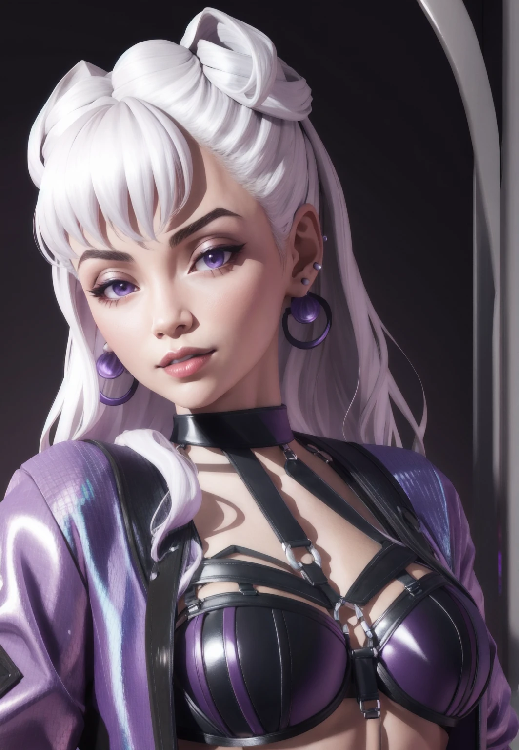 1girl, evekda, white hair, earings, in black, cropped purple-blue jacket, (harness bra), 3d, render,