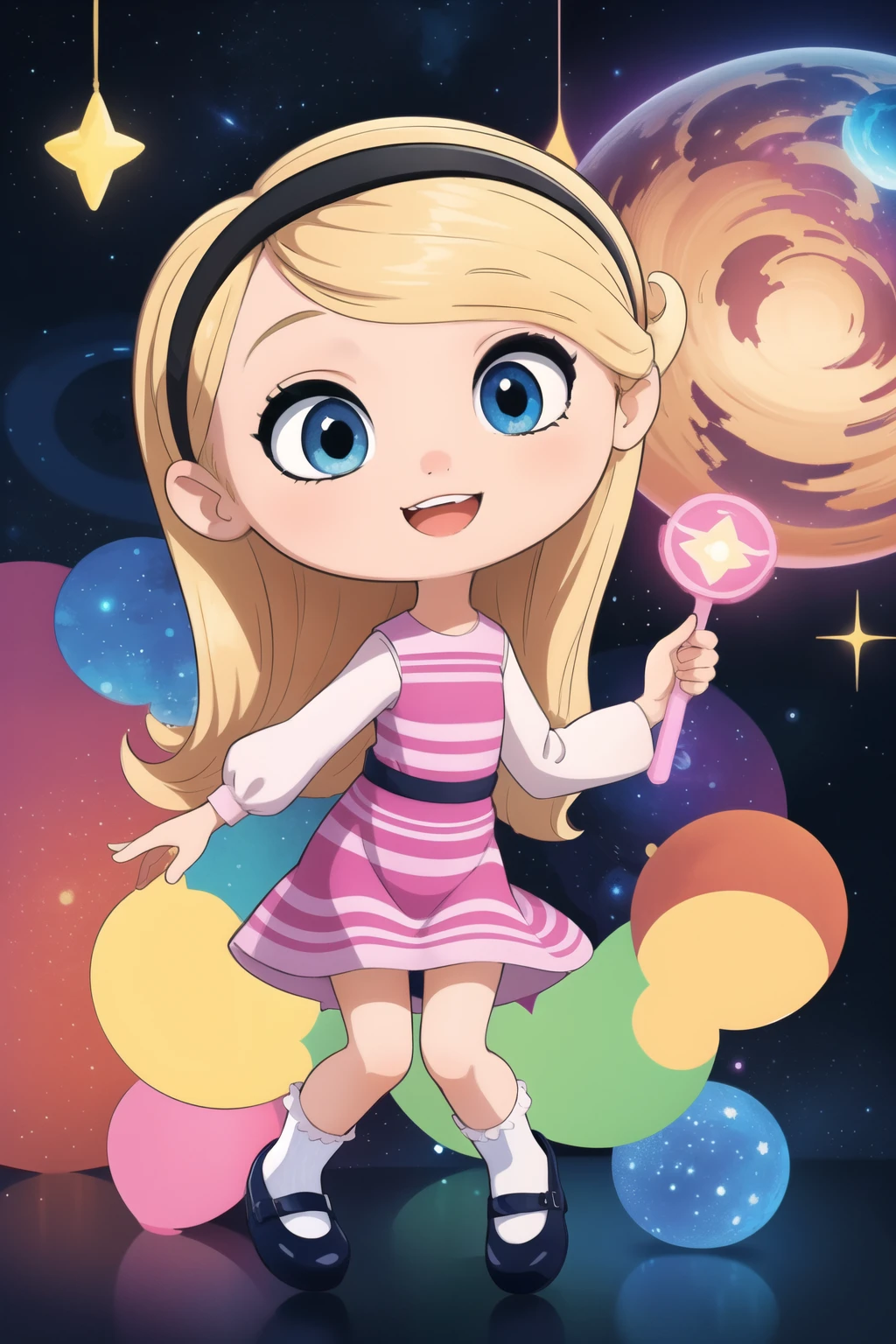 (masterpiece, best quality:1.2), 1girl, solo, penny peterson, best quality,detailed eyes,((penny peterson)), ((pink dress)), puffy sleeves, blue eyes, long blonde flowing hair, blonde hair, hairband, white tube socks, mary janes, smile, cute smile, happy, ,joyful, open mouth, flying, her skirt is floating, upskirt, white panties, colorful background, watercolor illustration, disney art style, glowing lights, neon, neon lights, galaxies, planets, stars, cute illustration, cute art, cute digital art, disney style, anime, 2d, cozy calm, cute detailed digital art, rainbows,