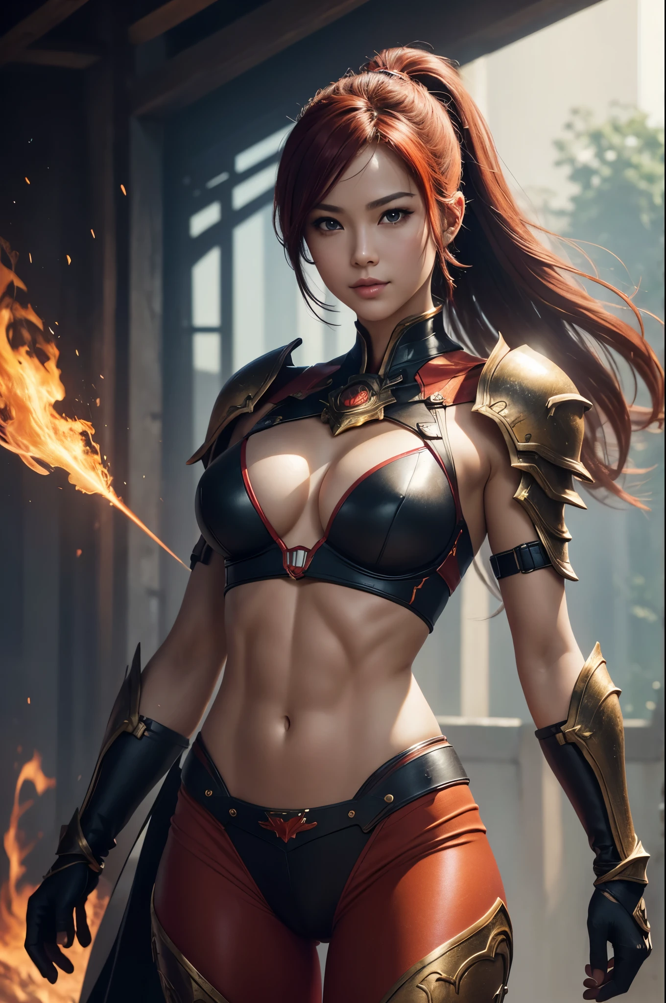 8K,Flame Lady Paladin,Super Beauty(Like the real thing),Red and orange mohawk,Red Eyes,Red Flame Chest Armor,Red flame pants,Red Flame Gauntlet,lean muscular body,Hard and strong abs,Fantasy art、charm、Looking at the audience、Captivating Gaze、masterpiece,masterpiece,highest qualityのフォトリアリスティックなRAW写真。Bright colors,Rich colors, Backlight, Film Grain, 50mm lens, Nikon D850,Realistic Skin,Ultra-high resolution,Realistic scale skins,Muscular and slender figure,Very detailedなアート作品、 Detailed digital animation art、 ArtStation Pixiv の Artgerm、Dynamic Angle,Ultra-high resolution,Like the real thing見える肌,charm的,Active,Super Beauty,(Like the real thing),DeviantArt Artstation CGScosiety, 3D Rendering Character Art, 写真のようにリアルなPerfect body, sexy,Muscular and slim body,Muscular and toned lower body,close,masterpiece,highest qualityの写実的ななRAW写真。Bright colors,Rich colors, Backlight, Film Grain, 50mm lens, Nikon D850,,(8k,写実的なhighest quality;1.4) ,Slim figure, Perfect body, There is cleavage in the chest, Very thin hair, Pleasure Gas, Glossy Lips, 超Realistic,Cinematic, (Excellent anatomy), (Good balance), Awards, masterpiece, Centered,charm,Volume measurement,Body balance,Ultra-high resolution,Ultra-Realistic Skin,Digital single-lens reflex camera, Soft lighting, Very detailedスキン, Very detailed顔, Very detailed目, lip, Detailed Background, Written boundary depth, Excellent anatomy, (Realistic, 超Realistic:1.4), 16K HDR, The abdominal muscles are intense and defined,Very detailed、masterpiece、highest quality、Dynamic Angle、Film Grain、Best Shadow、delicate、Particles of light、Observe the audience、Cinema Lighting、battlefield,smile,Close-up,Combat pose,