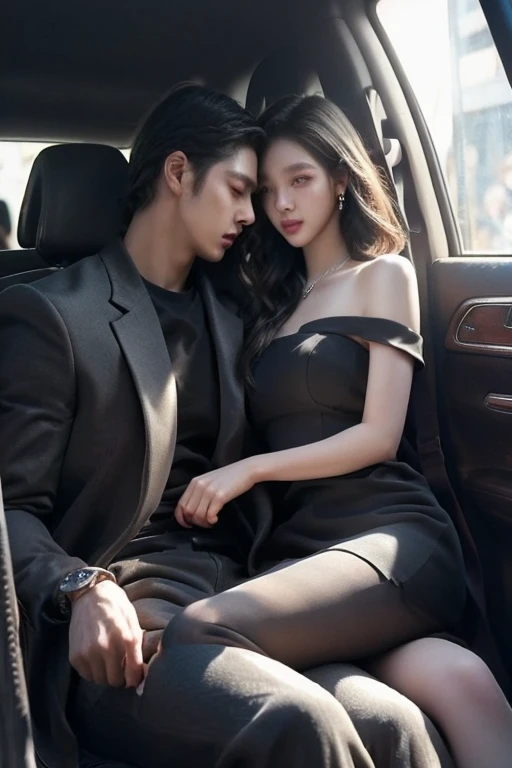 1 woman and 1 man, couple facing each other, Short hair down to the shoulders, chest, black hair, 여성 허리belt, handbag, nail art, Sexy dress, bijouterie, seat, face each other and talk, earring, parted Lips, inside, medium hair, Lips, book, skin pantyhose, 인기좋은 inside 까페, table, shirt worn by a man, watch, belt, hose, wild young man, skinship
