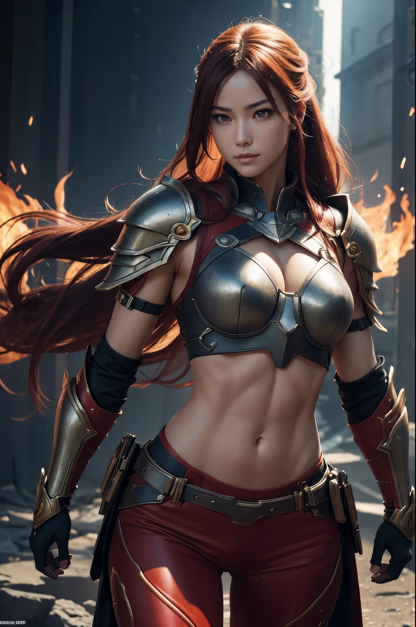 8K,Flame Lady Paladin,Super Beauty(Like the real thing),Red and orange mohawk,Red Eyes,Red Flame Chest Armor,Red flame pants,Red Flame Gauntlet,lean muscular body,Hard and strong abs,Fantasy art、charm、Looking at the audience、Captivating Gaze、masterpiece,masterpiece,highest qualityのフォトリアリスティックなRAW写真。Bright colors,Rich colors, Backlight, Film Grain, 50mm lens, Nikon D850,Realistic Skin,Ultra-high resolution,Realistic scale skins,Muscular and slender figure,Very detailedなアート作品、 Detailed digital animation art、 ArtStation Pixiv の Artgerm、Dynamic Angle,Ultra-high resolution,Like the real thing見える肌,charm的,Active,Super Beauty,(Like the real thing),DeviantArt Artstation CGScosiety, 3D Rendering Character Art, 写真のようにリアルなPerfect body, sexy,Muscular and slim body,Muscular and toned lower body,close,masterpiece,highest qualityの写実的ななRAW写真。Bright colors,Rich colors, Backlight, Film Grain, 50mm lens, Nikon D850,,(8k,写実的なhighest quality;1.4) ,Slim figure, Perfect body, There is cleavage in the chest, Very thin hair, Pleasure Gas, Glossy Lips, 超Realistic,Cinematic, (Excellent anatomy), (Good balance), Awards, masterpiece, Centered,charm,Volume measurement,Body balance,Ultra-high resolution,Ultra-Realistic Skin,Digital single-lens reflex camera, Soft lighting, Very detailedスキン, Very detailed顔, Very detailed目, lip, Detailed Background, Written boundary depth, Excellent anatomy, (Realistic, 超Realistic:1.4), 16K HDR, The abdominal muscles are intense and defined,Very detailed、masterpiece、highest quality、Dynamic Angle、Film Grain、Best Shadow、delicate、Particles of light、Observe the audience、Cinema Lighting、battlefield,smile,Close-up,Combat pose,