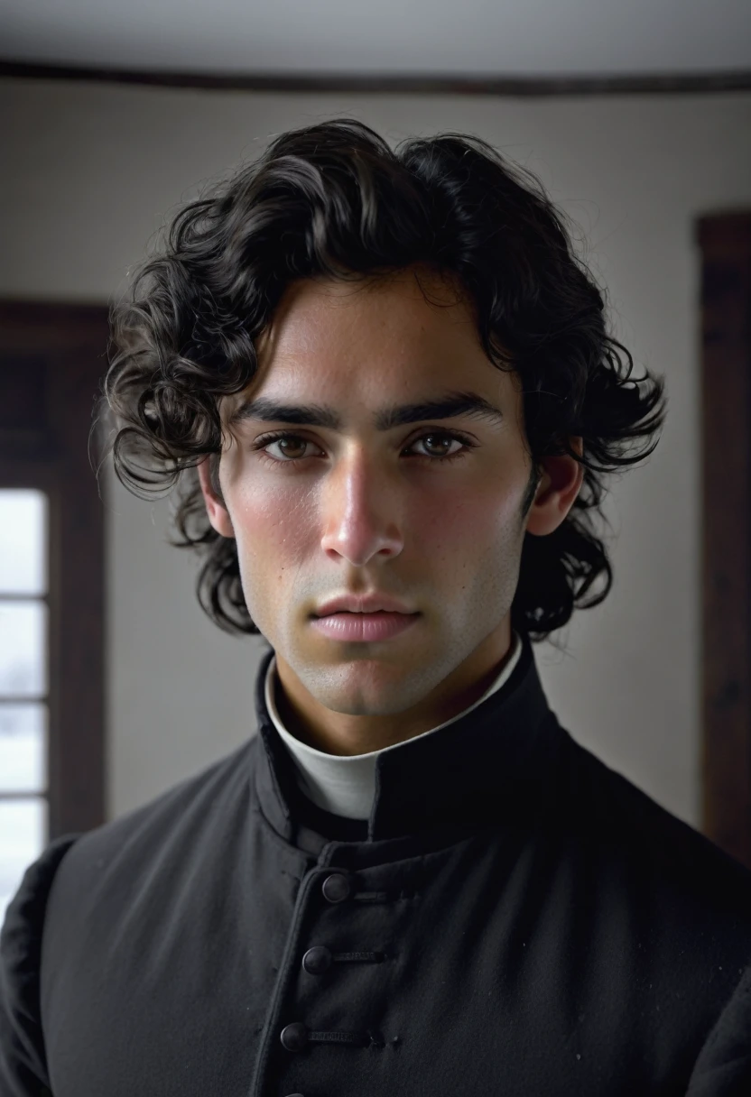 (highly detailed, detailed eyes, detailed face, soft light, photorealistic, dynamic light; cinematic); victorian era; 1820's; 24 years old man; 1/2-Spanish 1/4-English 1/4-Cree Indian mix; 1820's Anglican priest; incredibly attractive; dark and brooding; masculine yet beautiful; helpless longing stare; confused expression; Adonis; moody; intense; Spanish nose; sensual; amorous air; very attractive; lean figure; olive skin; stubble; hazel-green eyes; thick strong dark-brown eyebrows; long full sideburns; 1820's black priest cassock, buttoned; 1820's priest's collar; short tousled dark-brown wavy hair; full luscious moist lips, parted; mouth slightly open; standing in a 1820's Canadian house during a snow storm; looking at camera