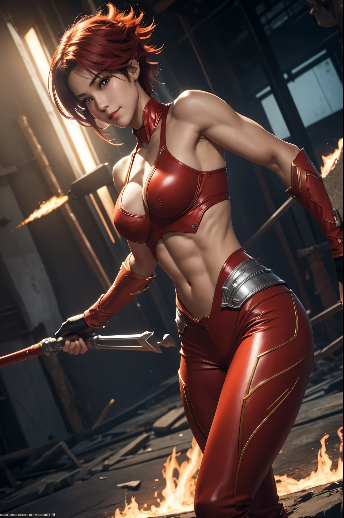 8K,Flame Lady Paladin,Super Beauty(Like the real thing),Red and orange mohawk,Red Eyes,Red Flame Chest Armor,Red flame pants,Red Flame Gauntlet,lean muscular body,Hard and strong abs,Fantasy art、charm、Looking at the audience、Captivating Gaze、masterpiece,masterpiece,highest qualityのフォトリアリスティックなRAW写真。Bright colors,Rich colors, Backlight, Film Grain, 50mm lens, Nikon D850,Realistic Skin,Ultra-high resolution,Realistic scale skins,Muscular and slender figure,Very detailedなアート作品、 Detailed digital animation art、 ArtStation Pixiv の Artgerm、Dynamic Angle,Ultra-high resolution,Like the real thing見える肌,charm的,Active,Super Beauty,(Like the real thing),DeviantArt Artstation CGScosiety, 3D Rendering Character Art, 写真のようにリアルなPerfect body, sexy,Muscular and slim body,Muscular and toned lower body,close,masterpiece,highest qualityの写実的ななRAW写真。Bright colors,Rich colors, Backlight, Film Grain, 50mm lens, Nikon D850,,(8k,写実的なhighest quality;1.4) ,Slim figure, Perfect body, There is cleavage in the chest, Very thin hair, Pleasure Gas, Glossy Lips, 超Realistic,Cinematic, (Excellent anatomy), (Good balance), Awards, masterpiece, Centered,charm,Volume measurement,Body balance,Ultra-high resolution,Ultra-Realistic Skin,Digital single-lens reflex camera, Soft lighting, Very detailedスキン, Very detailed顔, Very detailed目, lip, Detailed Background, Written boundary depth, Excellent anatomy, (Realistic, 超Realistic:1.4), 16K HDR, The abdominal muscles are intense and defined,Very detailed、masterpiece、highest quality、Dynamic Angle、Film Grain、Best Shadow、delicate、Particles of light、Observe the audience、Cinema Lighting、battlefield,smile,Close-up,Combat pose,