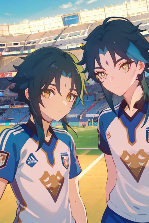 2 boys,dark green hair,highest quality,masterpiece,excessive,male focus,yellow eyes,beautiful eyes,beautiful boy,School,between men,Spouse,soccer club members,Blue soccer uniform,soccer,high school,soccer uniform,blue clothes,soccer court,teammate,same clothes,shoulder to shoulder,feminine,good friend,best image quality,high resolution,Crisp eyes