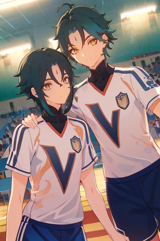 2 boys,dark green hair,highest quality,masterpiece,excessive,male focus,yellow eyes,beautiful eyes,beautiful boy,School,between men,Spouse,soccer club members,Blue soccer uniform,soccer,high school,soccer uniform,blue clothes,soccer court,teammate,same clothes,shoulder to shoulder,feminine,good friend,best image quality,high resolution,Crisp eyes