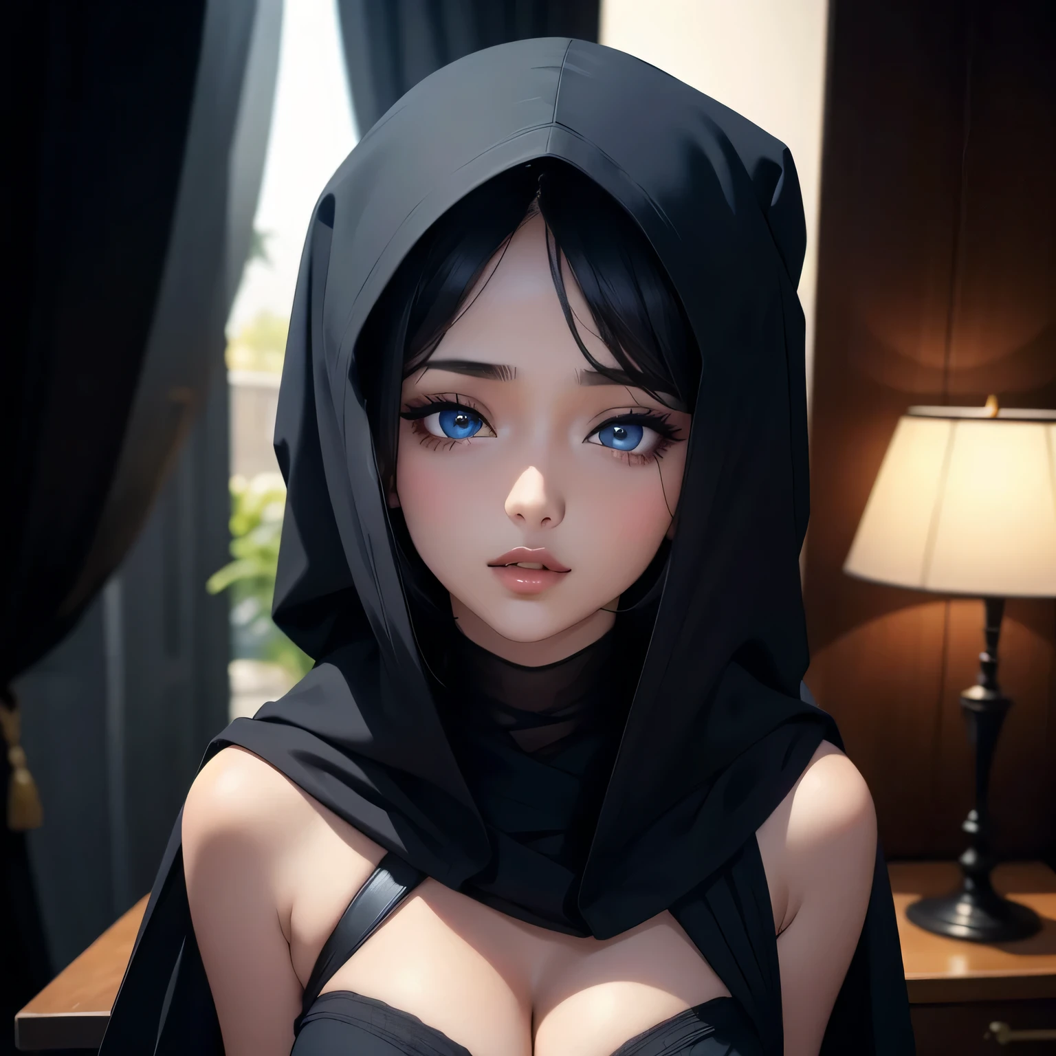 Sexy Arabian woman, revealing, black cloth covering head and face except eyes, beautiful eyes, seductive eyes, sultry pose