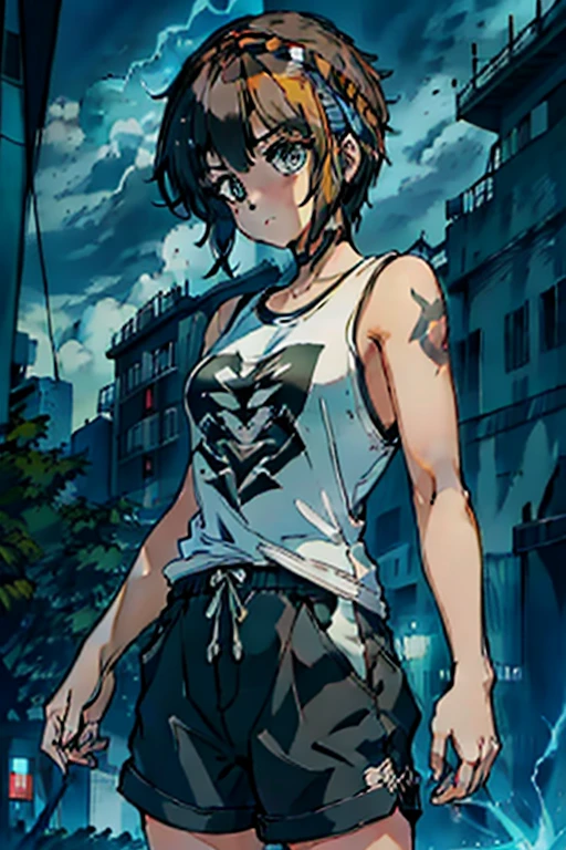 1 girl, Arm tattooed with thunder, black thunder tattoos, white tank shirt shirt, black letter pants, in a city, in a storm, Night, thunder in the sky