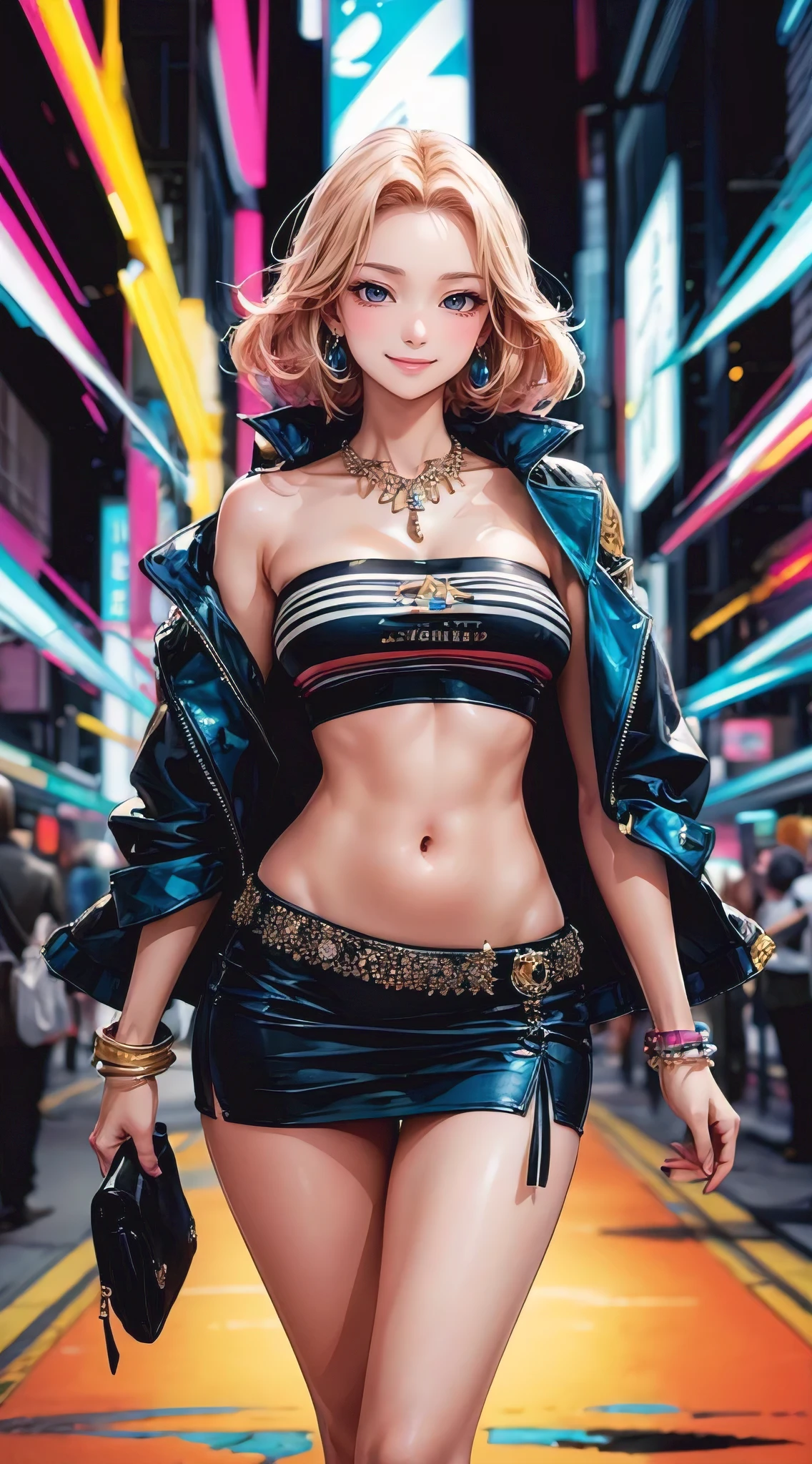 (best quality,4k,8k,highres,masterpiece:1.2),ultra-detailed,(realistic,photorealistic,photo-realistic:1.37), An enchanting and hyperfeminine anime illustration of a woman with a perfect hourglass figure, showcasing her well-endowed and shapely voluptuous chest. She wears a stylish designer tube top, a miniskirt, and a fashionable jacket. Adorned with a stunning necklace and bracelets, she struts confidently through the vibrant streets of Metrocity. The colors are brilliant and eye-catching, creating a perfect composition that captures the essence of urban fashion and anime style., anime, illustration