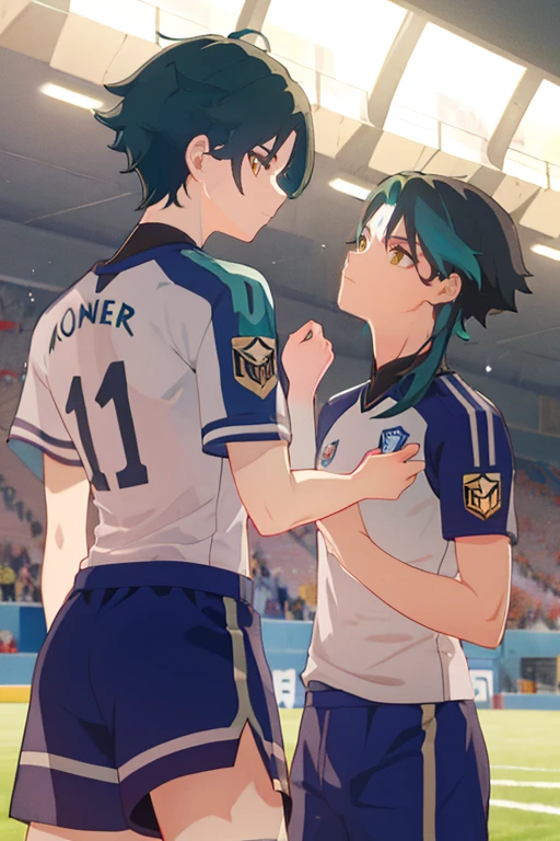 2 boys,dark green hair,highest quality,masterpiece,excessive,male focus,yellow eyes,beautiful eyes,beautiful boy,School,between men,Spouse,soccer club members,Blue soccer uniform,soccer,high school,soccer uniform,blue clothes,soccer court,teammate,same clothes,shoulder to shoulder,feminine,good friend,best image quality,high resolution,Clear Expression