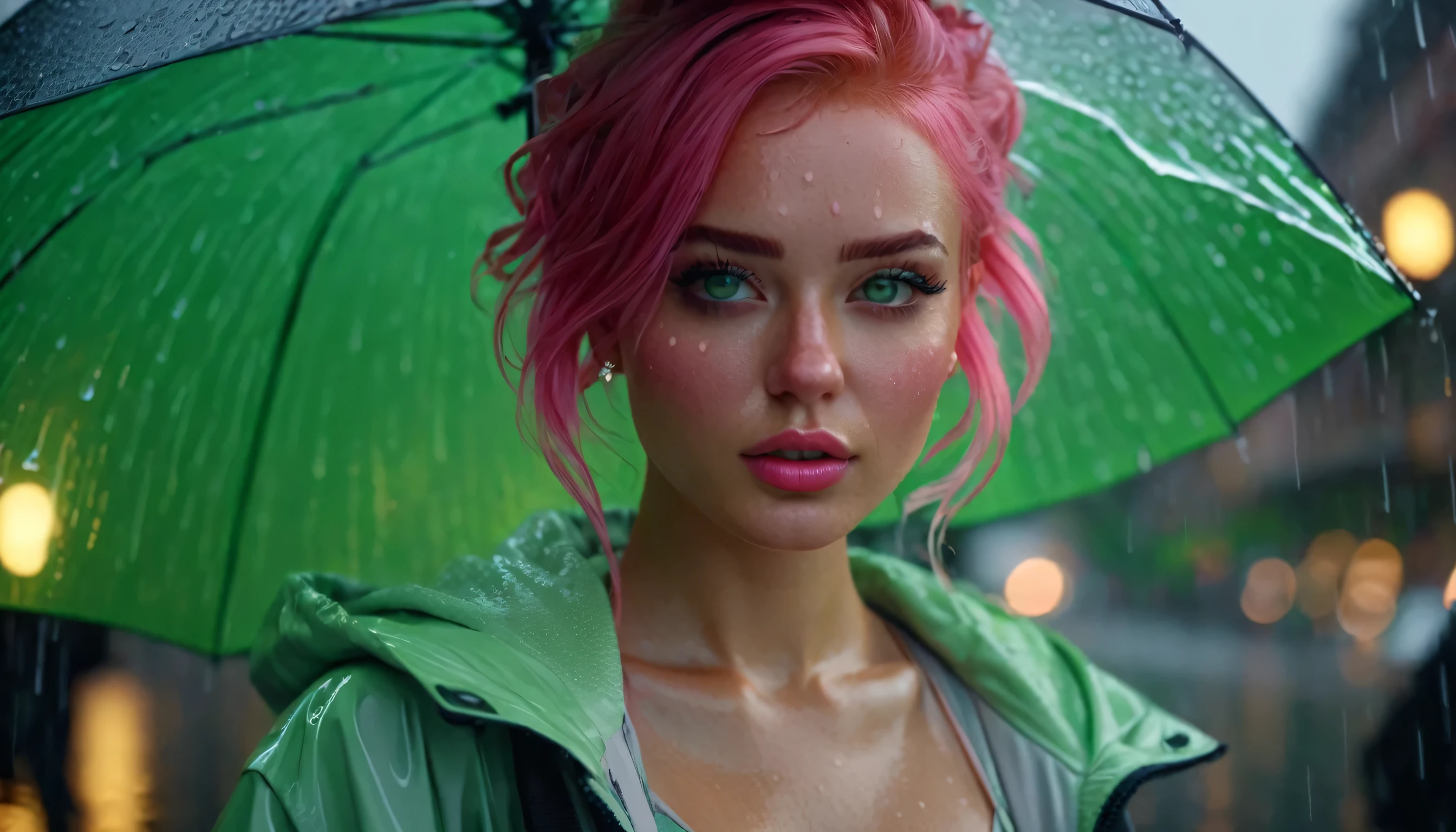 medium shot, camera canon EOS 5d Mark iV, len 70mm, f2.6. Stunning and beautyfull caucasian woman with pink hair and light green eyes wearing modern trend clothes, in dynamic pose, under the rain on the city at day, gazing at viewer. Pikles, detailed skin, intricate details, waterdrops on her skin and clothes. Ambient Light, Hyperdetailed, Photorrealistic, depth of field, cinematic, ambient occlussion, 64K UHD.
