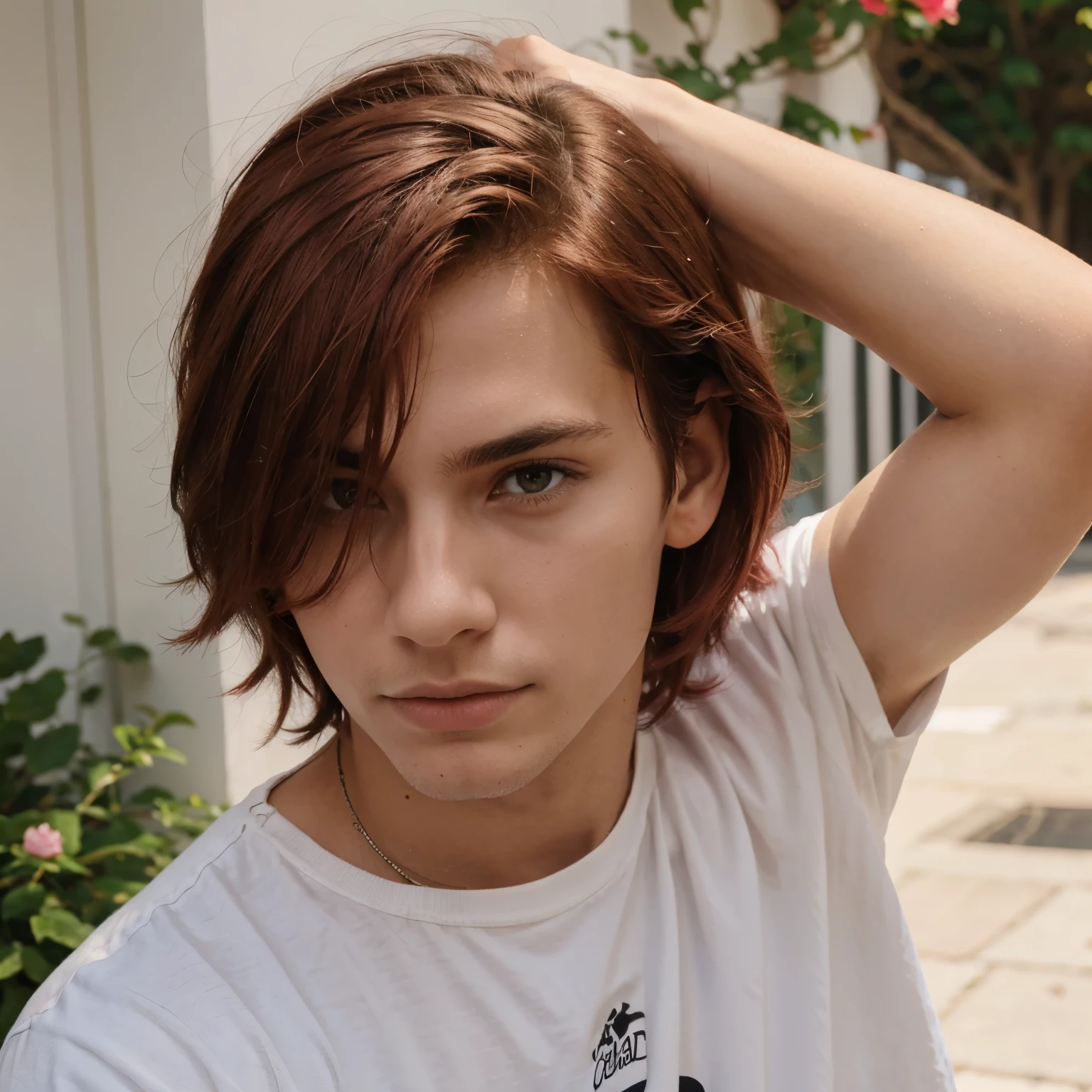 Homem de 18 anos, cabelos vermelhos, olhos rosas
