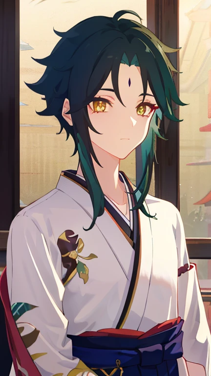 1 boy,dark green hair,highest quality,masterpiece,excessive,male focus,yellow eyes,beautiful eyes,beautiful boy,Family crested Hakama,Japan Kimono,kimono,Hakama,Crisp eyes