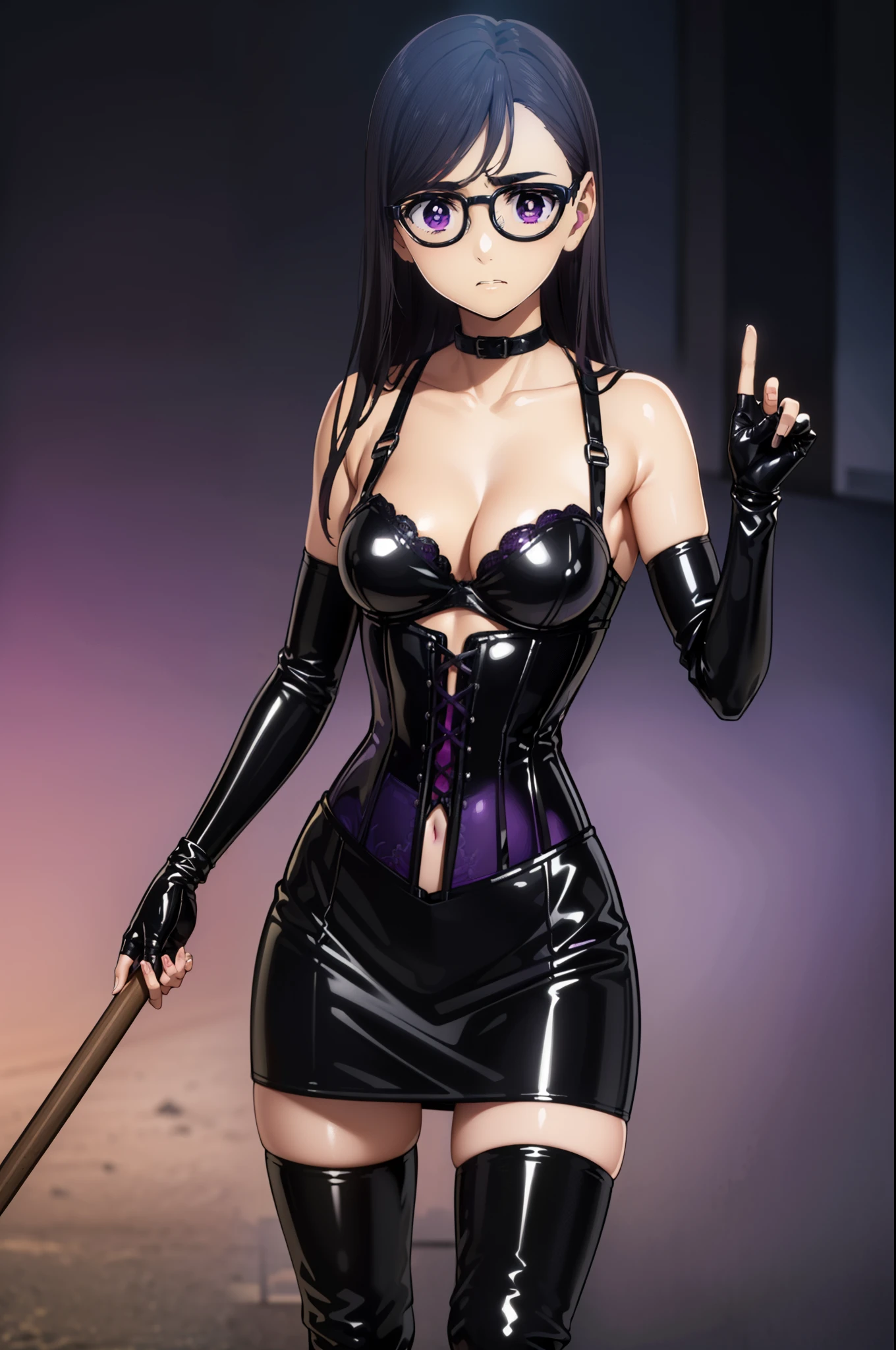 BDSM、Queen、mistress、(((One girl)))、solo、(((Long gloves covered to the fingertips in black latex:1.4 )))、(((Black latex corset dress:1.4)))、(((The corset dress is decorated with beautiful lace.)))、(((corset dress with shoulder straps)))、(((Black latex tight mini skirt:1.4)))、(((Black Thigh Boots)))、Stiletto heels、(((Black latex panties)))、(((Black latex bra)))、(((Black leather collar)))、(((Sexy pose)))、Wide-open legs、(((Erotic)))、(((Cowboy Shot)))、hizuruminakata, hizuru minakata,Adult women、Age 25、Small Face、Model-like style、Long Hair, Black Hair, Glasses, (((Purple Eyes:1.4))), 黒縁Glasses,gloves, Cleavage, clavicle,
break outdoors,
break looking at viewer,
break (masterpiece:1.2), highest quality, High resolution, unity 8k wallpaper, (figure:0.8), (Beautiful fine details:1.6), Highly detailed face, Perfect lighting, Highly detailed CG, (Perfect hands, Perfect Anatomy),Weapon in the right hand、Sulky face、Frowning、Cold gaze、Contempt、blush:1.4