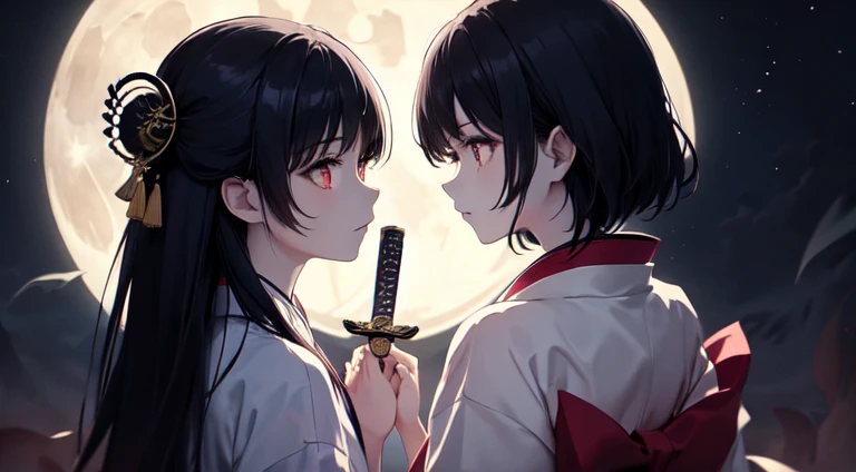 Black Hair Girl、Red eyes、Very delicate and beautiful eyes、Dark fantasy, Horror、Very detailed, White kimono、Perfect hands, Perfect Anatomy,Rear View、Back view、(Samurai Sword:1.5) )、moonlight、night、Moonlight from above:1.5