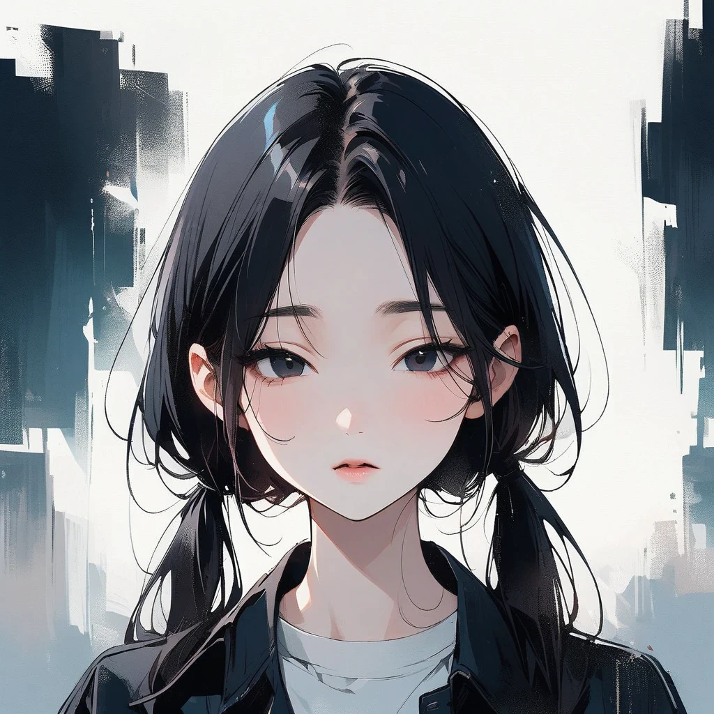 Pigtails, thin, pale, Pure, simple, White background, close-up of the face, black hair, black eyes, straight hair, Asian eyes, slanted eyes, Small eyes, narrow eyes, Chinese eyes, large forehead