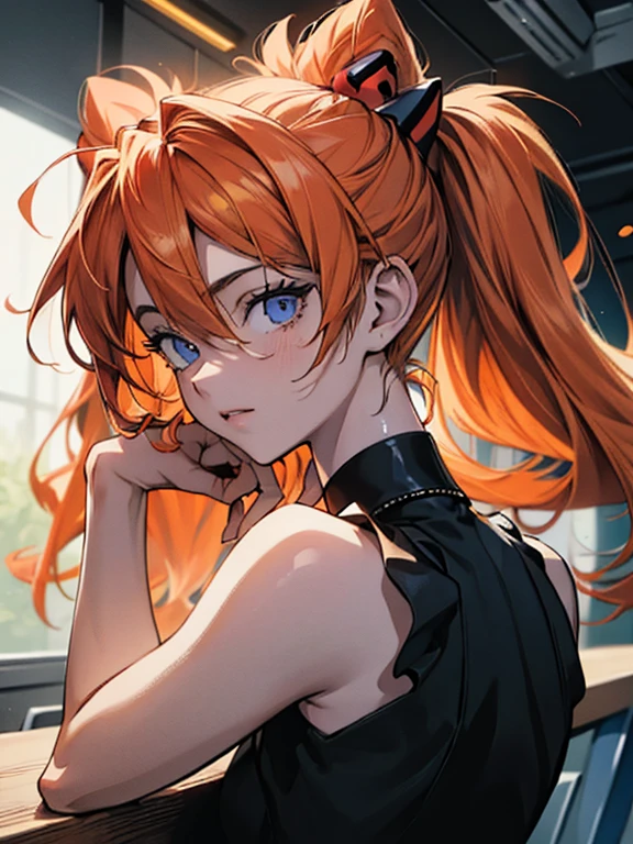 (Top resolution、Distinct_image)top-quality、(A girl) 、masterpiece、highly detailed, half body, Semi-realistic、yellow eyes 、18year old, ginger hair ,young 、Exquisite facial features、Facial features ,variation potrait, long ponytail hairstyles, , teenage, cool , cold sharp eyes, , {Very detailed 8k CG unit wallpaper}, students, whit oversized shirt , black tie, music classroom,