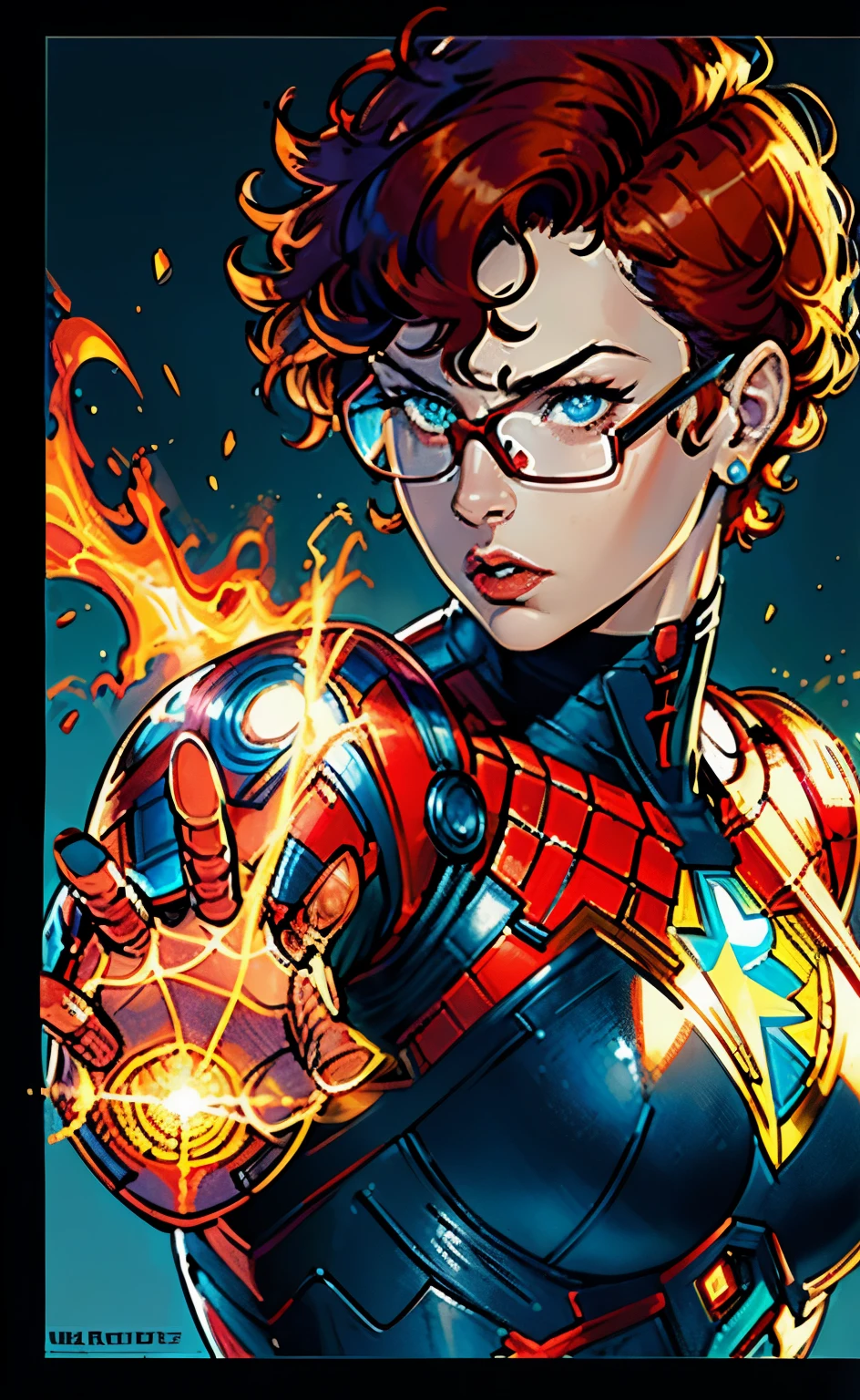 (best quality, highres, ultra-detailed), (comic book style:1.1), (red curly short hair:1.1), (square glasses:1.1), (dark eyes:1.1), (portraits, marvel:1.1), (energetic, superhero pose:1.1), (dynamic, action-packed background:1.1), (vibrant colors:1.1), (comic book lines and shading:1.1), (studio lighting:1.1)