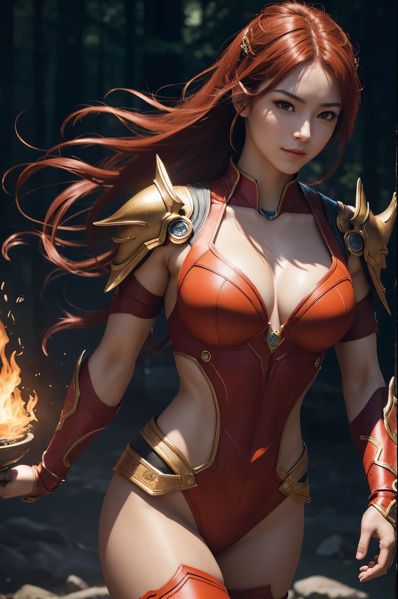 (masterpiece, best quality, ultra-detailed CG portrait, Estilo Wlop style+Stanley "Artgerm" Lau style+Sandro Botticelli style) with an extremely beautiful and delicate (fiery red-haired warrior maiden), white clothing ornate with red and gold, magnificent sword in hand, in a dynamic pose with an intense gaze and strikingly beautiful features, set against a dynamic background with a motion blur effect, vivid colors, and volumetric lighting.