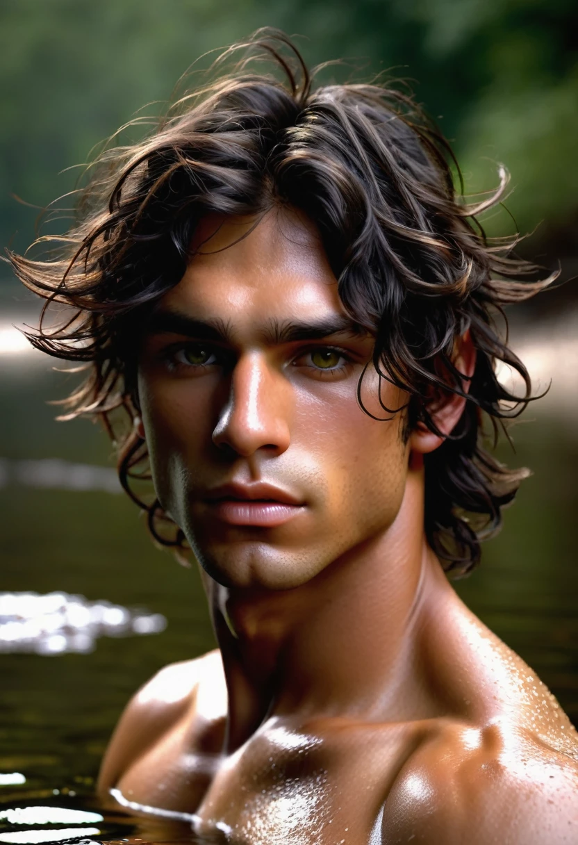 (highly detailed, detailed skin, detailed face, soft light, photorealistic, dynamic light; cinematic); victorian era; 1820s; 24 years old man; 1/2-Spanish 1/4-English 1/4-Cree Indian mix; 1820s Anglican priest; incredibly attractive; dark and brooding; masculine yet beautiful; hazel-green eyes; helpless longing stare; sexually-charged atmosphere; Adonis; moody; intense; Spanish nose; sensual; amorous air; very attractive; toned figure; olive skin, flushed in excitement; stubble; hazel-green eyes; thick strong dark-brown eyebrows; long full sideburns; fully naked toned chest with dark body-hair; dark chest-hair; short tousled dark-brown wavy hair; full luscious moist lips, parted; mouth slightly open; lounging in a cold Canadian river in an erotic pose, playfully asking for sex; hazel-green eyes; looking at camera;