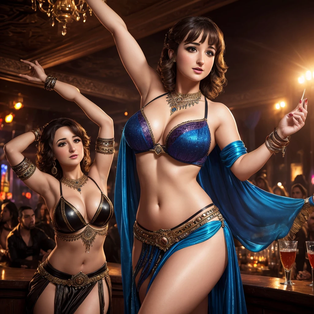 (best quality,highres,masterpiece:1.2),ultra-detailed,realistic:1.37',Milana Vayntrub,age 30,(dressed appropriate to the scene),(beautiful detailed eyes,beautiful detailed lips,extremely detailed eyes and face,longeyelashes),seductive attitude,fearless,uninhibited,barely bothering to keep her loose dress on,energetic belly dance in sheer billowing fabric, (dangerous bar, rough villainous crowd) portrait,studio lighting,true colors,vibrant colors,sexy,provocative,mysterious,dramatic lighting,dynamic pose,smoky atmosphere,crowd of villains,heavy rock music,leather jackets,harsh shadows,strong contrasts