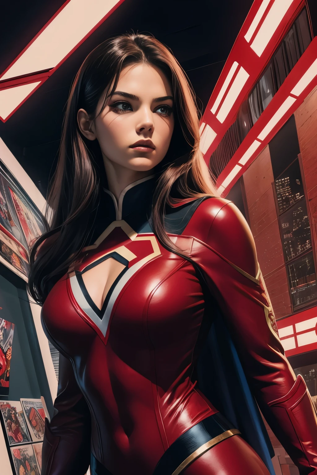 Comic book,"comic {SUPER SENSUAL MODEL WEARING A RED HEROINE UNIFORM} . graphic illustration, comic art, graphic novel art, vibrant, highly detailed",
