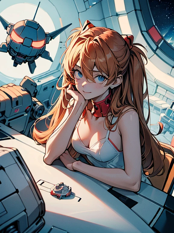 (Aerial view),dynamic angle,ultra detallado, illustration, de cerca, directo, 1 chica, 
 ((Souryuu Asuka Langley, auriculares de interfaz, mono rojo:1.4, rubio)),Her eyes shone like dreamer stars,(ojos brillantes:1.233),(ojos hermosos y detallados:1.1),(inexpresivo,boca cerrada),(de pie), 
(mechanical room with tools and spacecraft window in a white SPACESHIP),
(noche:1.2),dreamer, [[dedos y manos delicados:0.55]::0.85],(detalle dedos),
