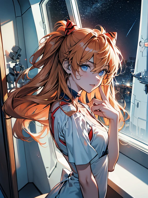 (Aerial view),dynamic angle,ultra detallado, illustration, de cerca, directo, 1 chica, 
 ((Souryuu Asuka Langley, auriculares de interfaz, mono rojo:1.4, rubio)),Her eyes shone like dreamer stars,(ojos brillantes:1.233),(ojos hermosos y detallados:1.1),(inexpresivo,boca cerrada),(de pie), 
(mechanical room with tools and spacecraft window in a white SPACESHIP),
(noche:1.2),dreamer, [[dedos y manos delicados:0.55]::0.85],(detalle dedos),