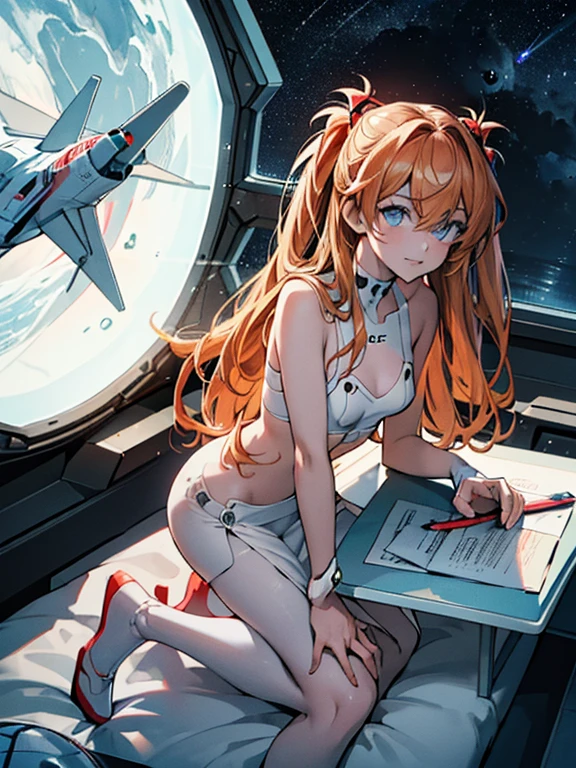 (Aerial view),dynamic angle,ultra detallado, illustration, de cerca, directo, 1 chica, 
 ((Souryuu Asuka Langley, auriculares de interfaz, mono rojo:1.4, rubio)),Her eyes shone like dreamer stars,(ojos brillantes:1.233),(ojos hermosos y detallados:1.1),(inexpresivo,boca cerrada),(de pie), 
(mechanical room with tools and spacecraft window in a white SPACESHIP),
(noche:1.2),dreamer, [[dedos y manos delicados:0.55]::0.85],(detalle dedos),