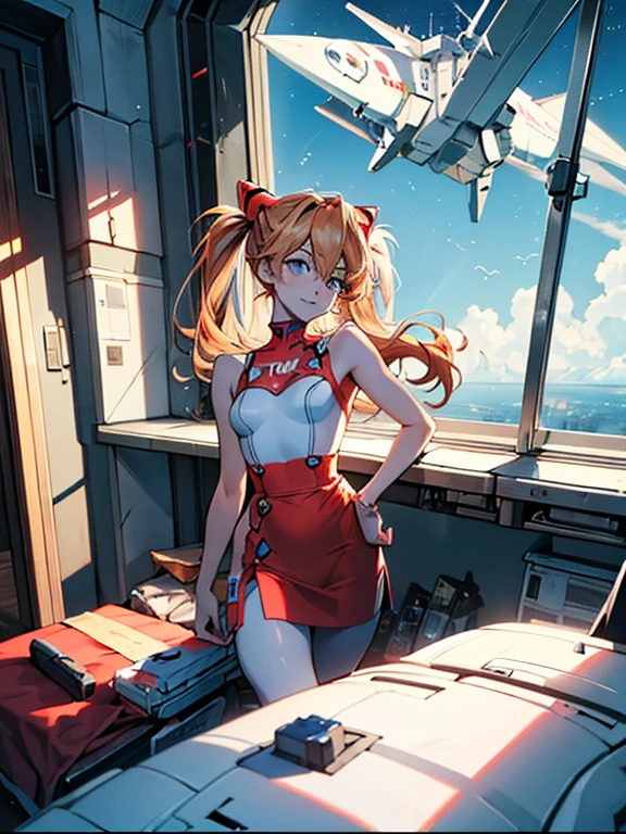 (Aerial view),dynamic angle,ultra detallado, illustration, de cerca, directo, 1 chica, 
 ((Souryuu Asuka Langley, auriculares de interfaz, mono rojo:1.4, rubio)),Her eyes shone like dreamer stars,(ojos brillantes:1.233),(ojos hermosos y detallados:1.1),(inexpresivo,boca cerrada),(de pie), 
(mechanical room with tools and spacecraft window in a white SPACESHIP),
(noche:1.2),dreamer, [[dedos y manos delicados:0.55]::0.85],(detalle dedos),