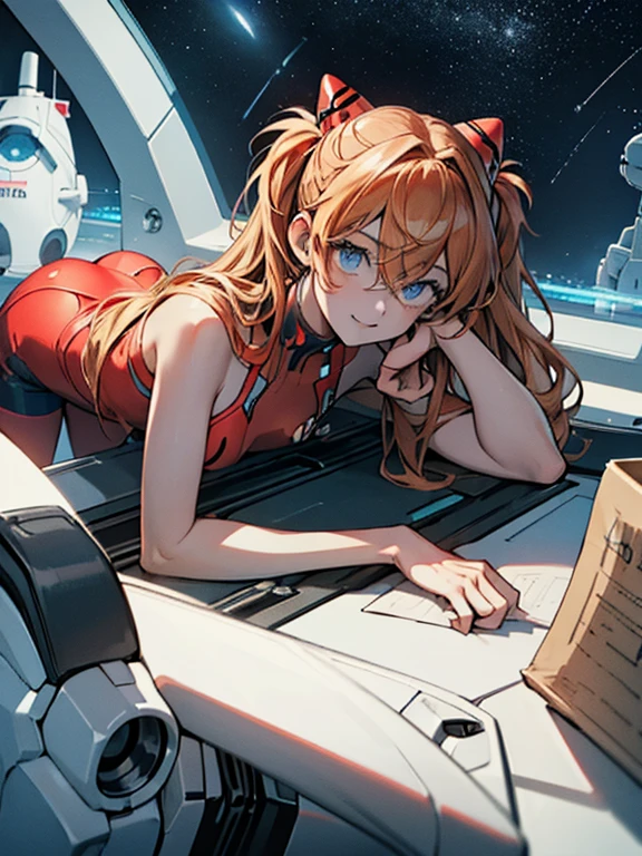 (Aerial view),dynamic angle,ultra detallado, illustration, de cerca, directo, 1 chica, 
 ((Souryuu Asuka Langley, auriculares de interfaz, mono rojo:1.4, rubio)),Her eyes shone like dreamer stars,(ojos brillantes:1.233),(ojos hermosos y detallados:1.1),(inexpresivo,boca cerrada),(de pie), 
(mechanical room with tools and spacecraft window in a white SPACESHIP),
(noche:1.2),dreamer, [[dedos y manos delicados:0.55]::0.85],(detalle dedos),
